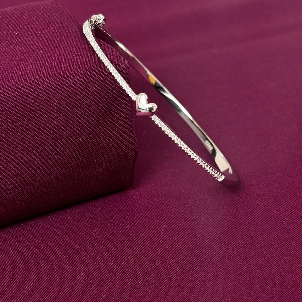 Sterling Silver Minimal Heart CZ Bracelet Kada for Women