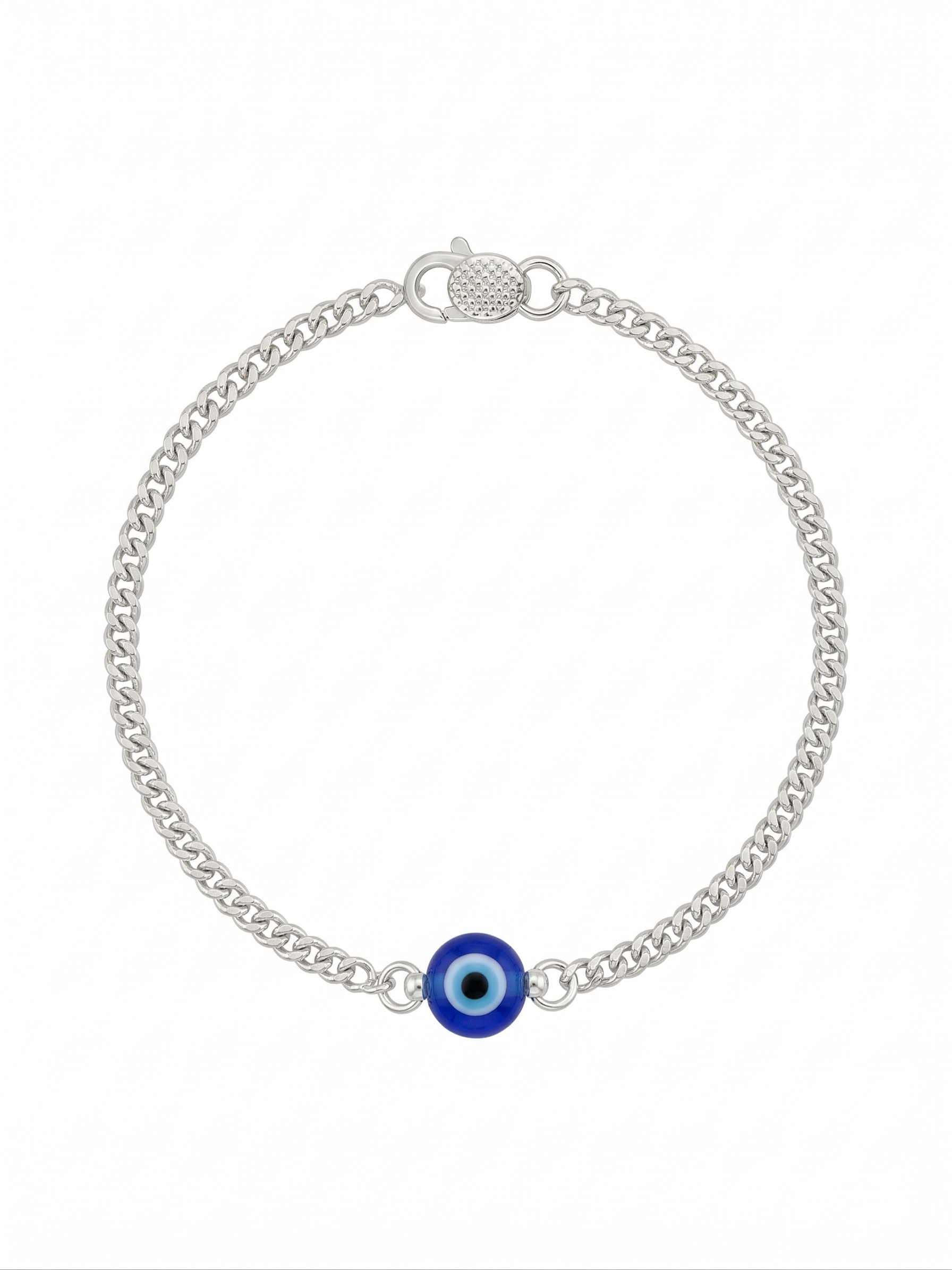 Silver bracelet with a blue evil eye charm on a white background