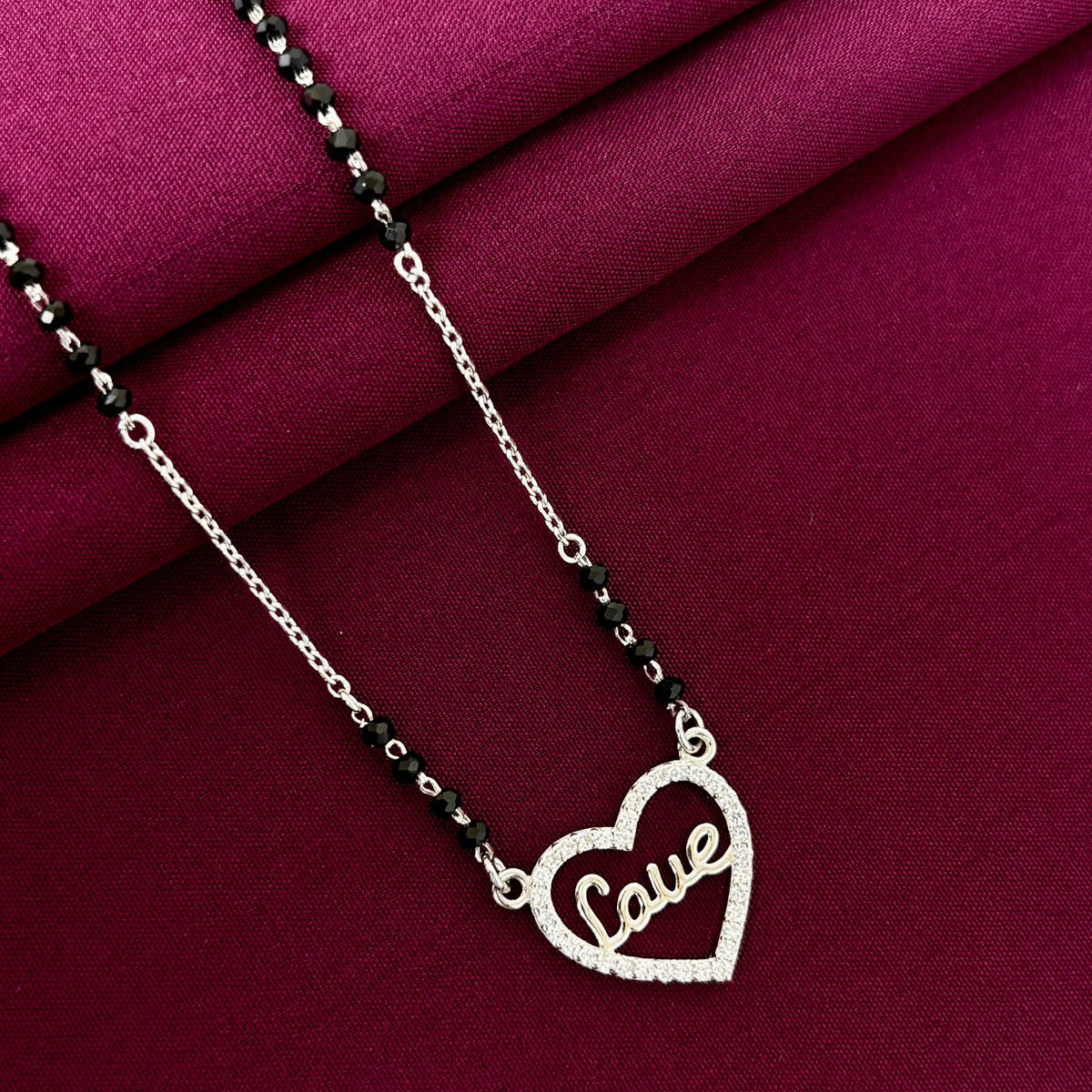 925 Sterling Silver Love Heart Diamond Mangalsutra with Black Bead Chain