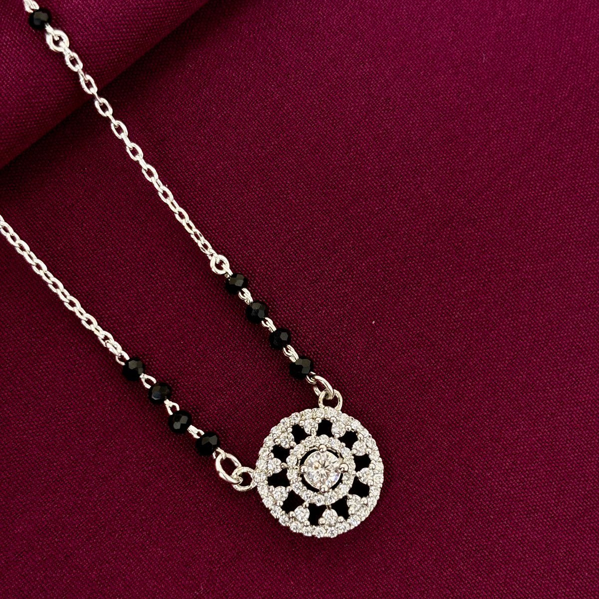 925 Sterling Silver Floral Round Diamond Mangalsutra with Black Bead Chain