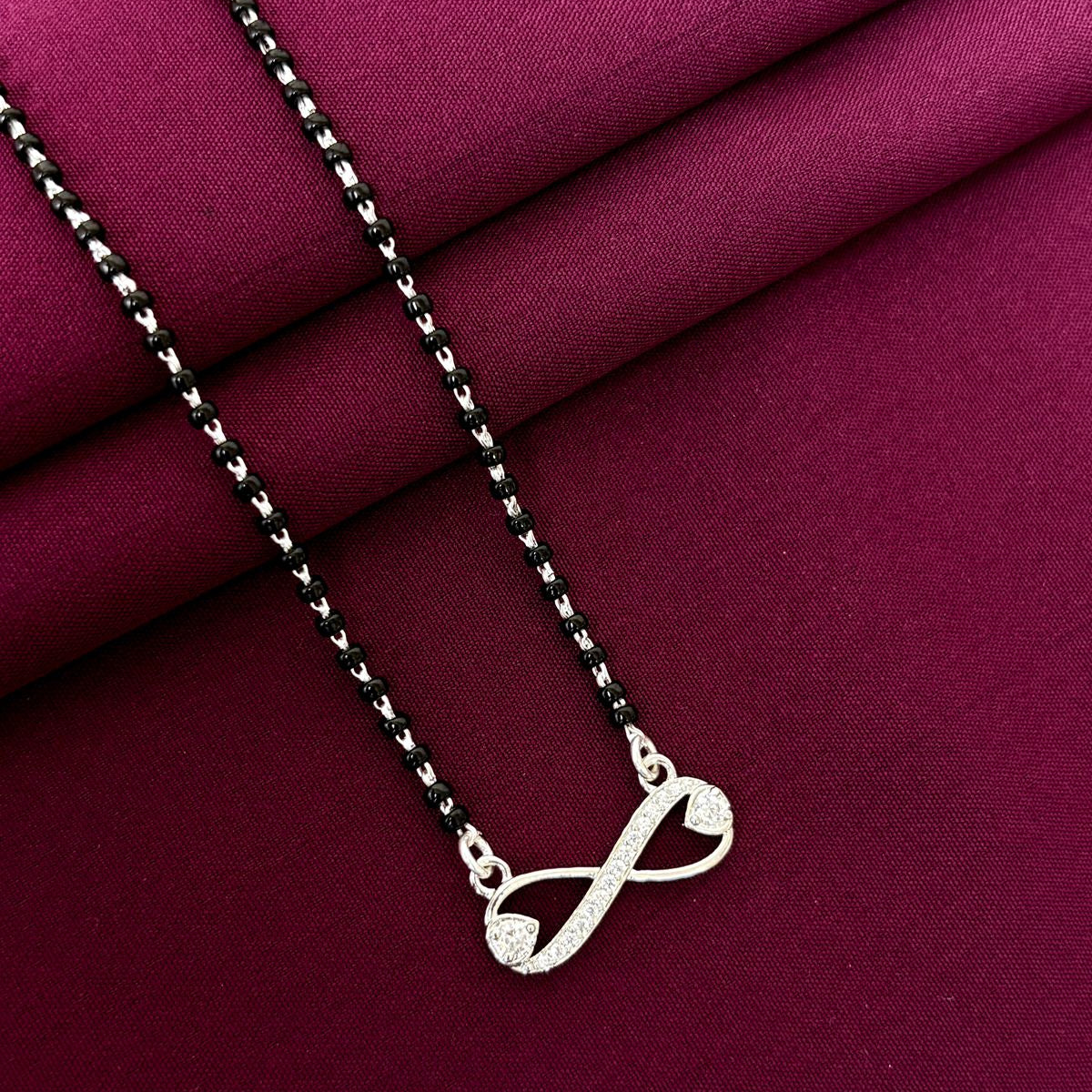 925 Sterling Silver Infinity CZ Diamond Mangalsutra with Black Bead Chain