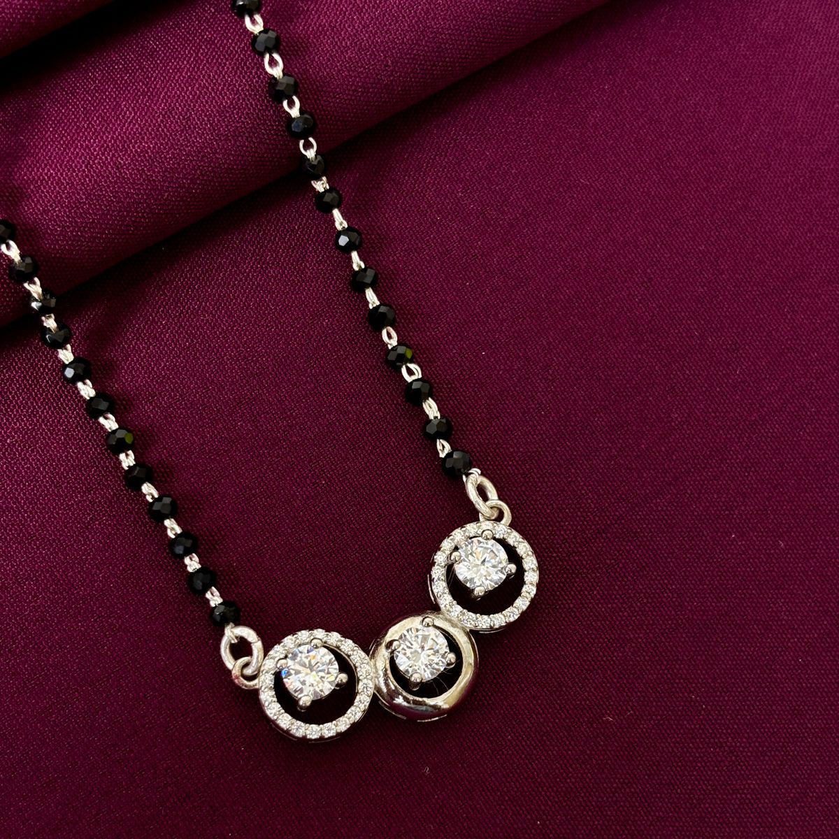 925 Sterling Silver Triple Halo Diamond Mangalsutra with Black Bead Chain