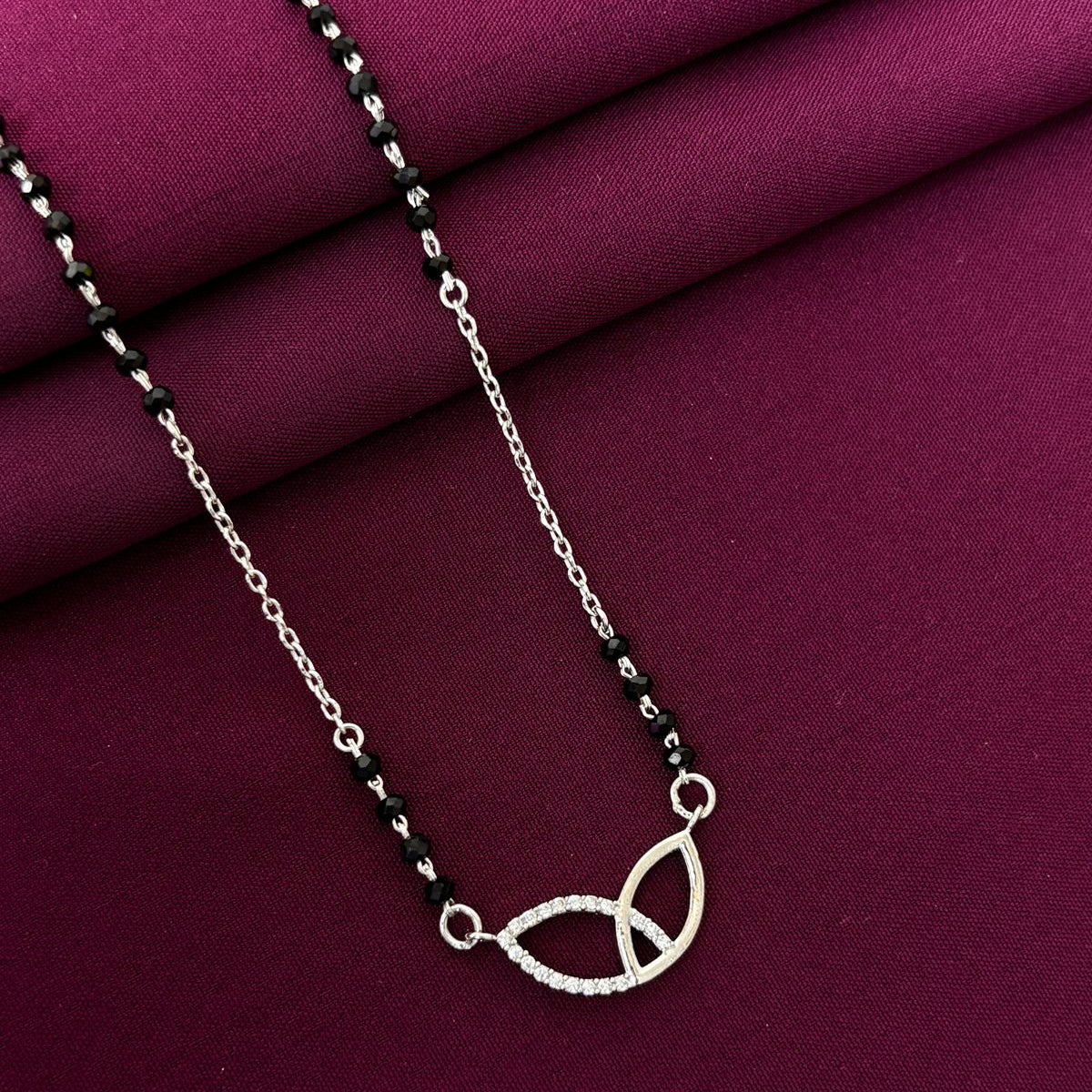 925 Sterling Silver Leaf Design Diamond Mangalsutra with Black Bead Chain