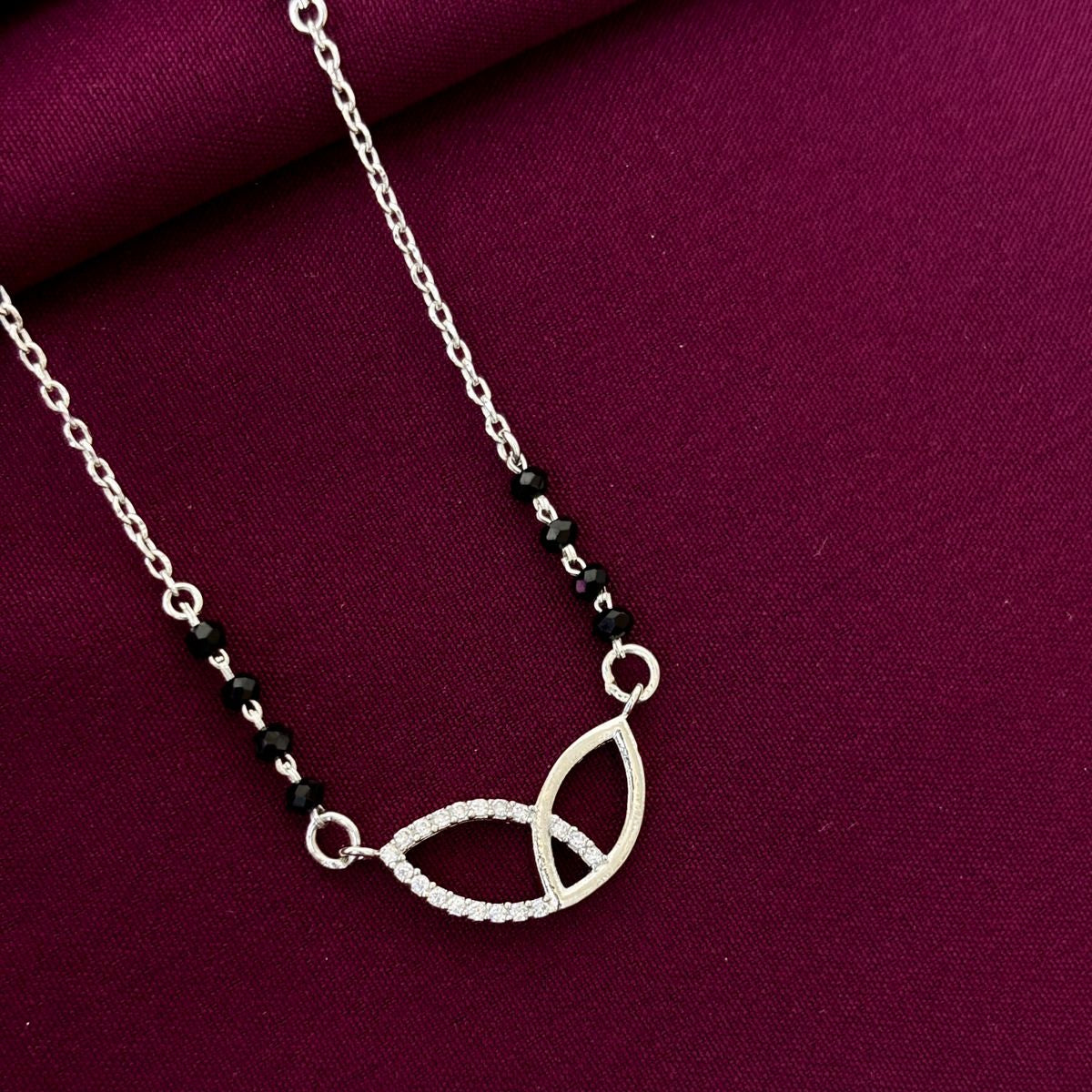 925 Sterling Silver Leaf Design Diamond Mangalsutra with Black Bead Chain