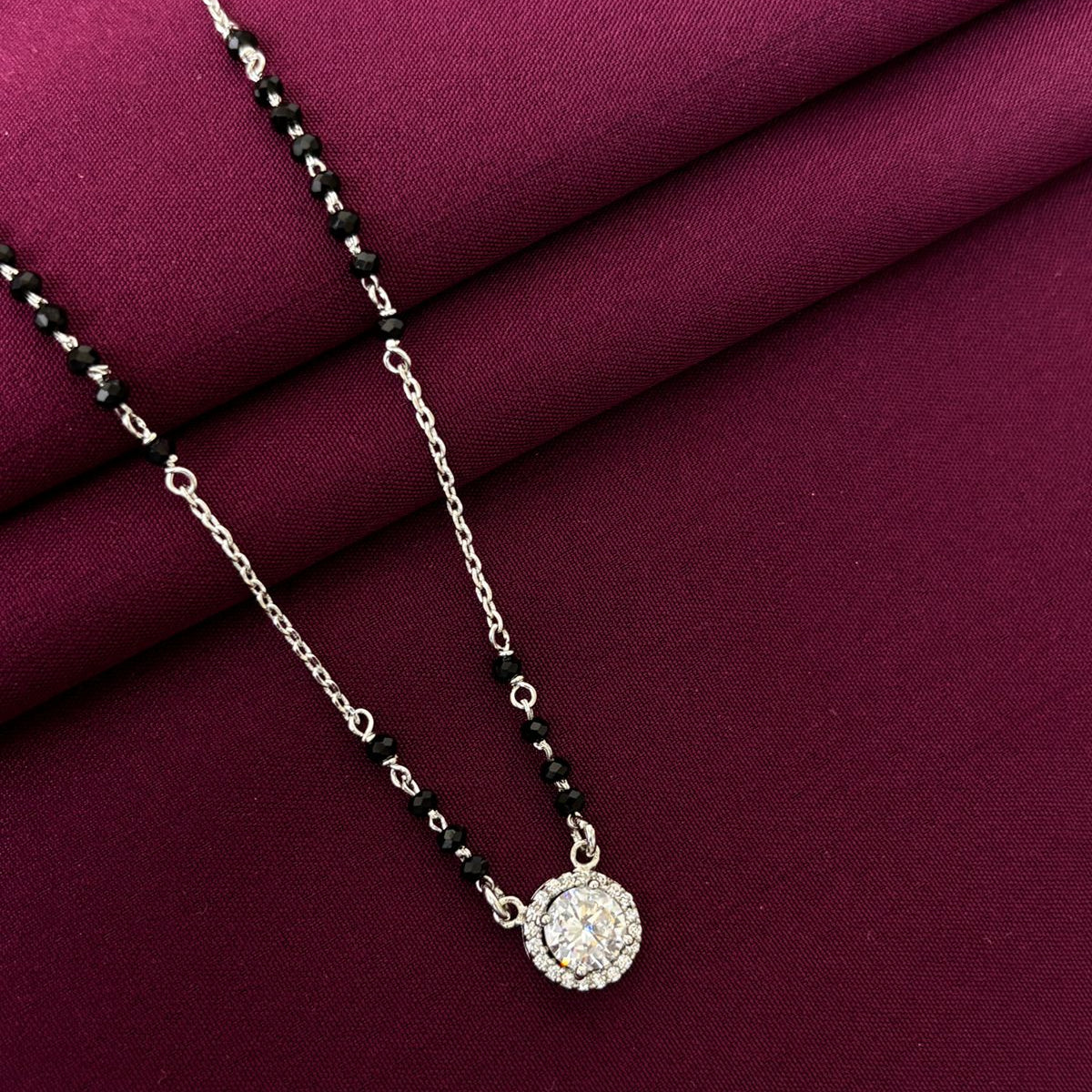 925 Sterling Silver Solitaire Halo Mangalsutra with Black Bead Chain