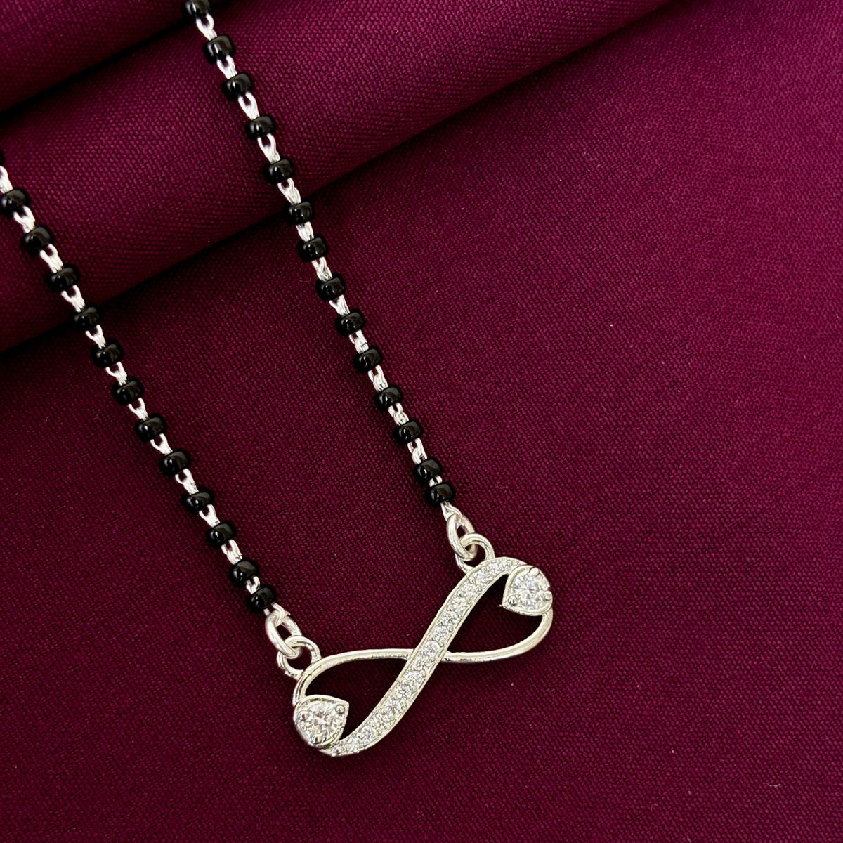 925 Sterling Silver Infinity CZ Diamond Mangalsutra with Black Bead Chain