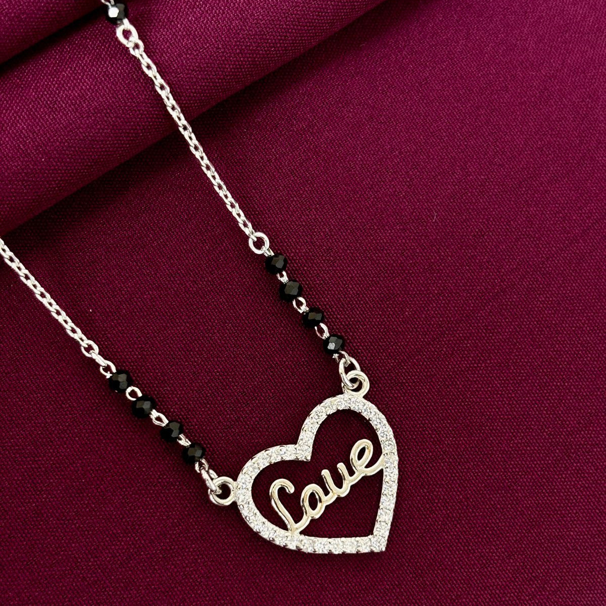 925 Sterling Silver Love Heart Diamond Mangalsutra with Black Bead Chain