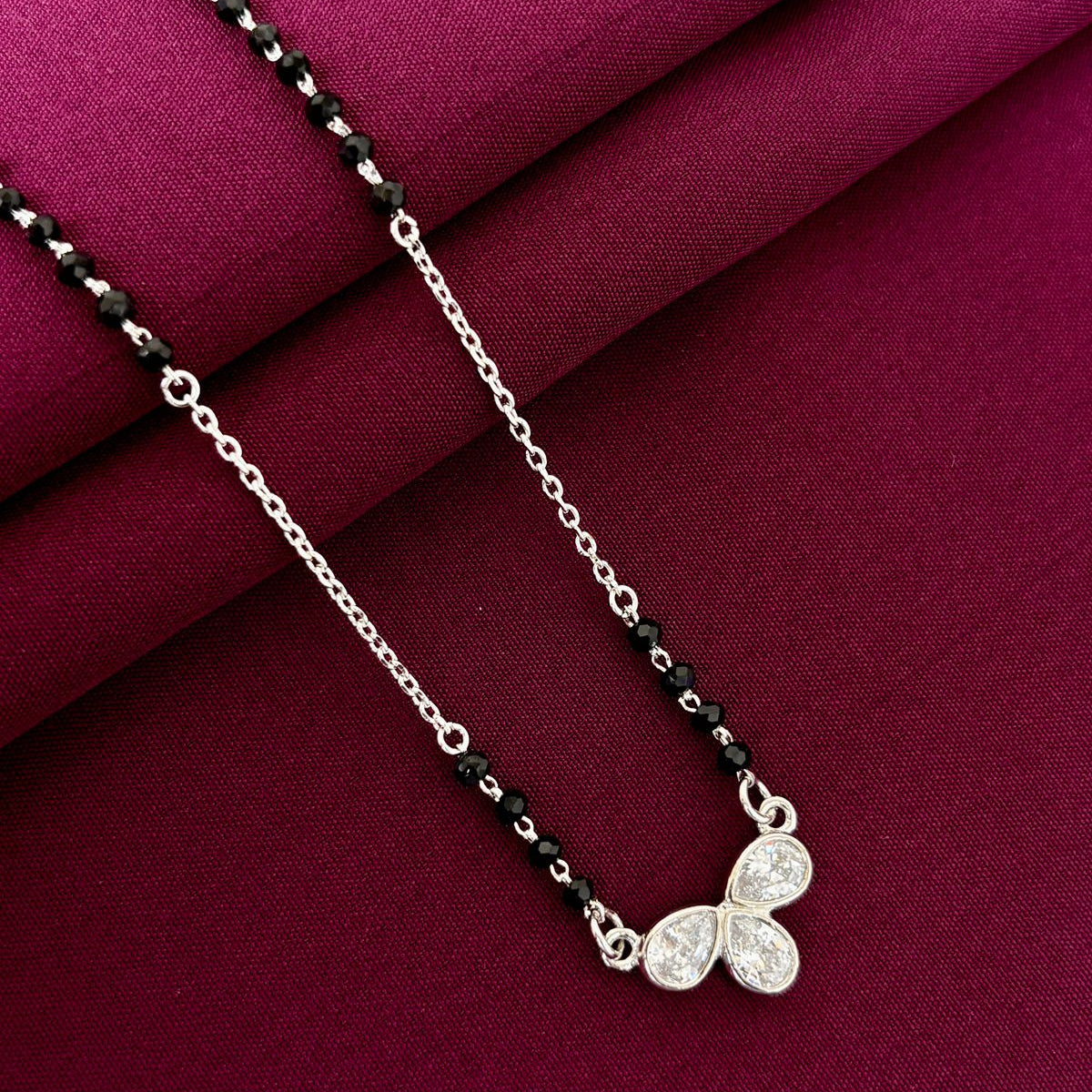 925 Sterling Silver Triple Teardrop Diamond Mangalsutra with Black Bead Chain