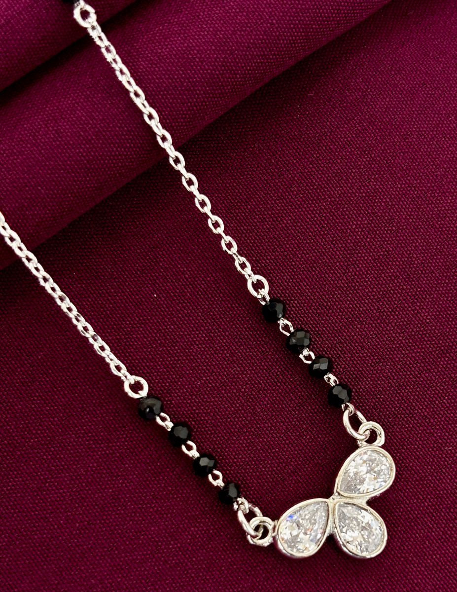 925 Sterling Silver Triple Teardrop Diamond Mangalsutra with Black Bead Chain