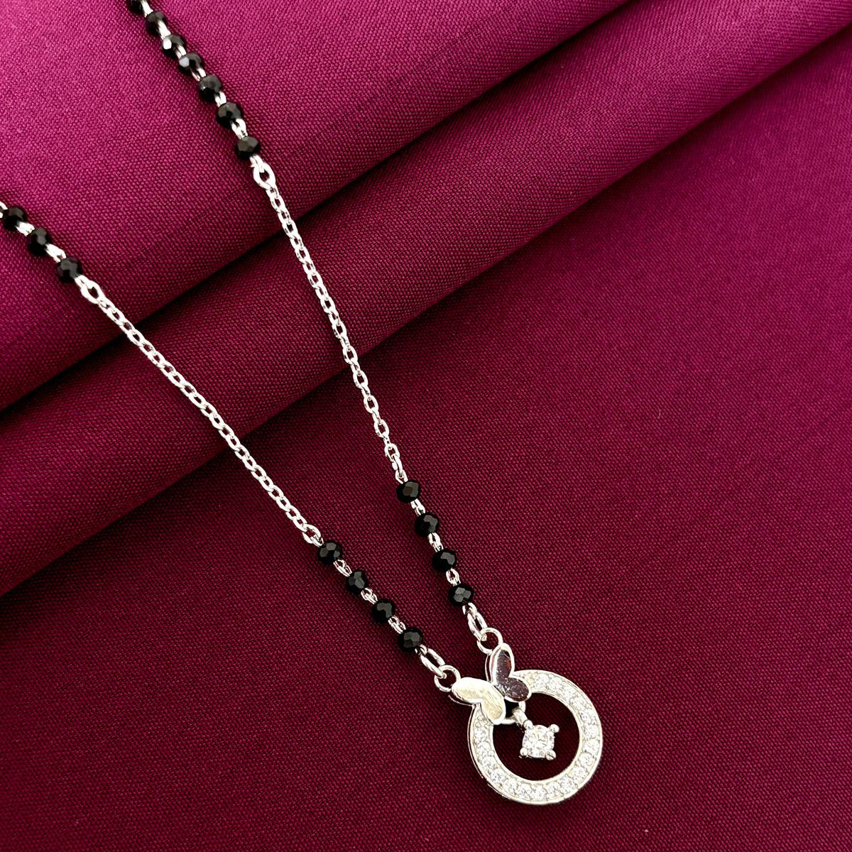 925 Sterling Silver Butterfly Circle Diamond Mangalsutra with Black Bead Chain