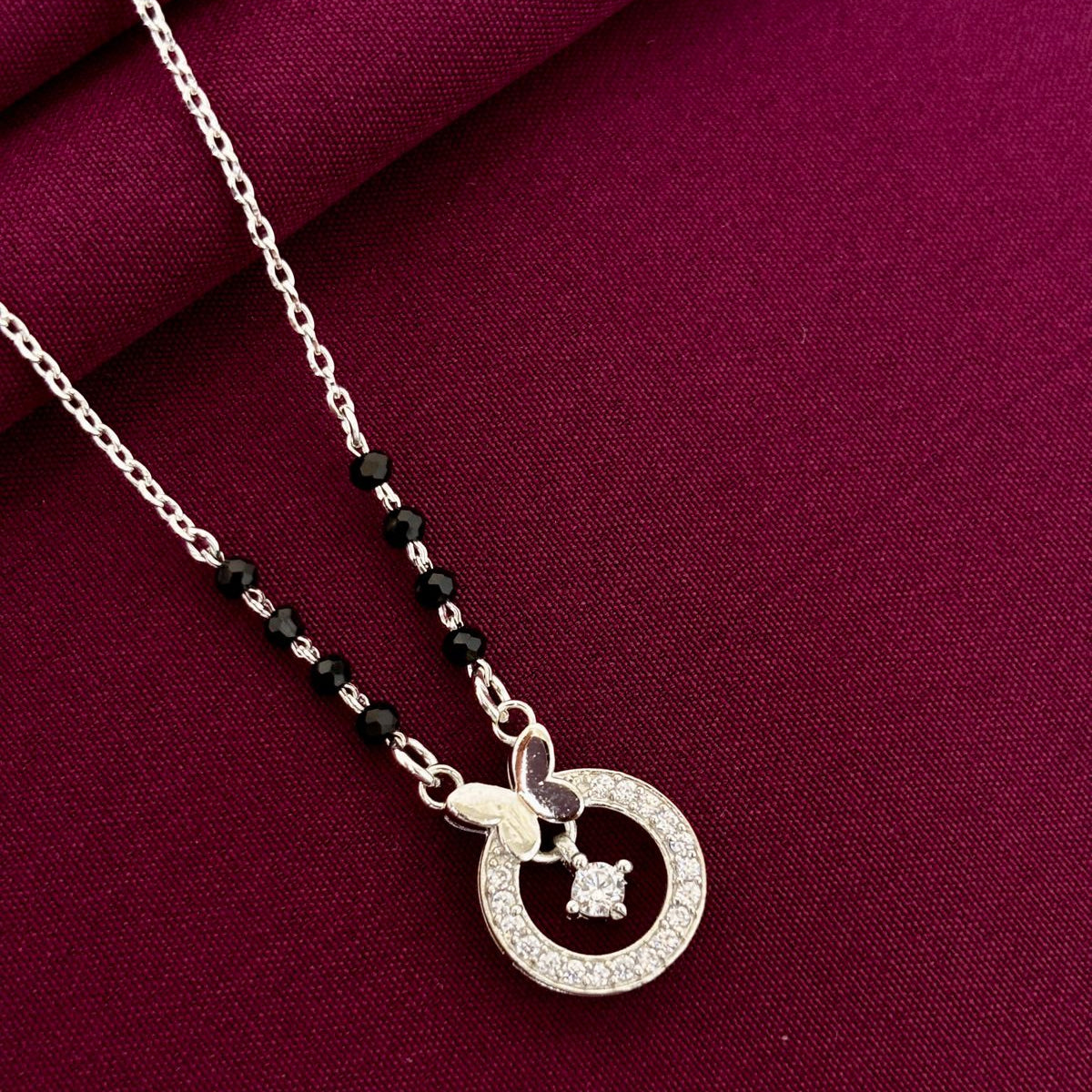 925 Sterling Silver Butterfly Circle Diamond Mangalsutra with Black Bead Chain