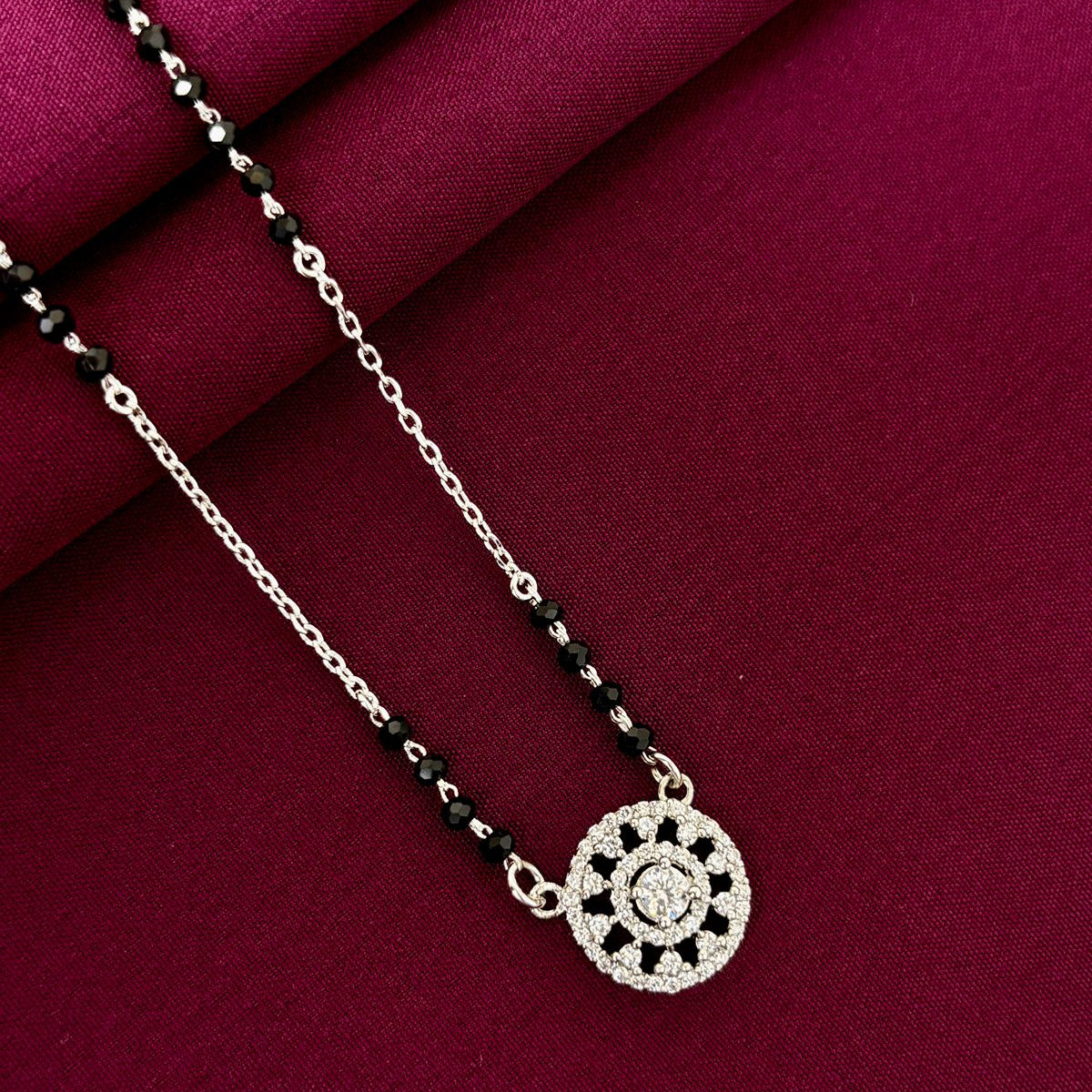 925 Sterling Silver Floral Round Diamond Mangalsutra with Black Bead Chain