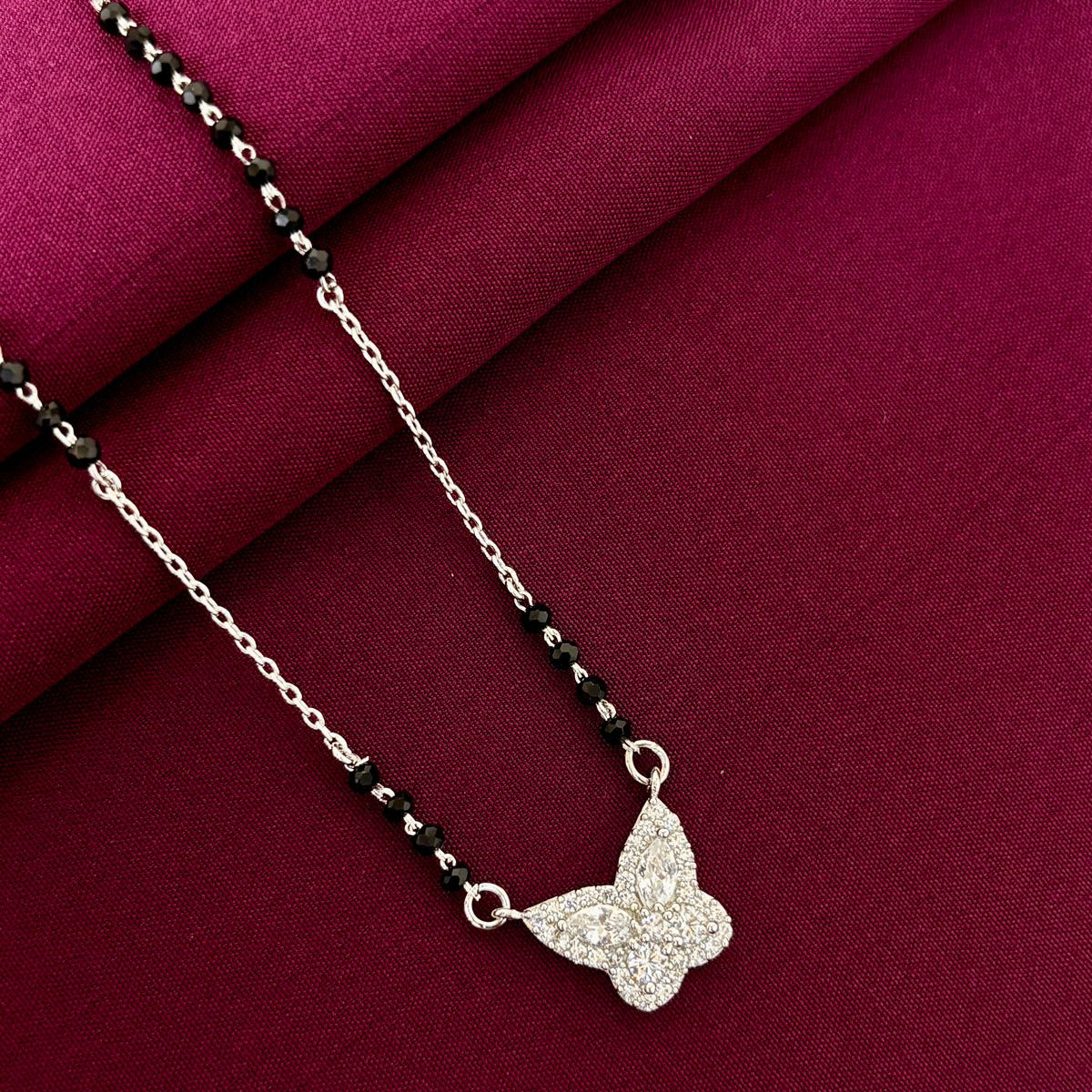 925 Sterling Silver Diamond Butterfly Mangalsutra with Black Bead Chain