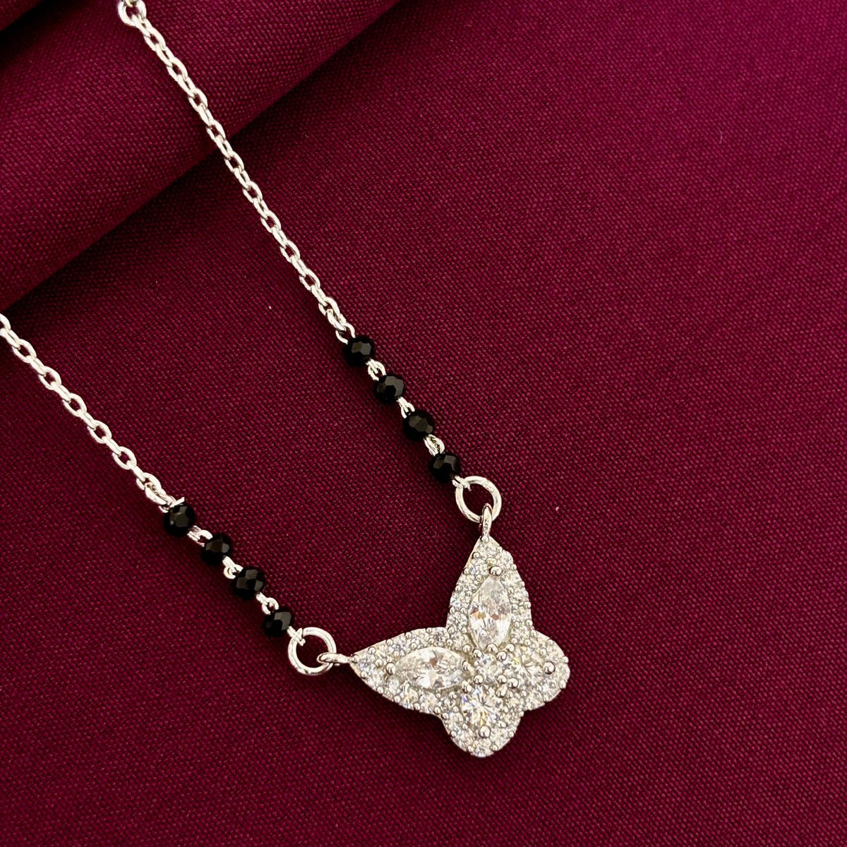 925 Sterling Silver Diamond Butterfly Mangalsutra with Black Bead Chain