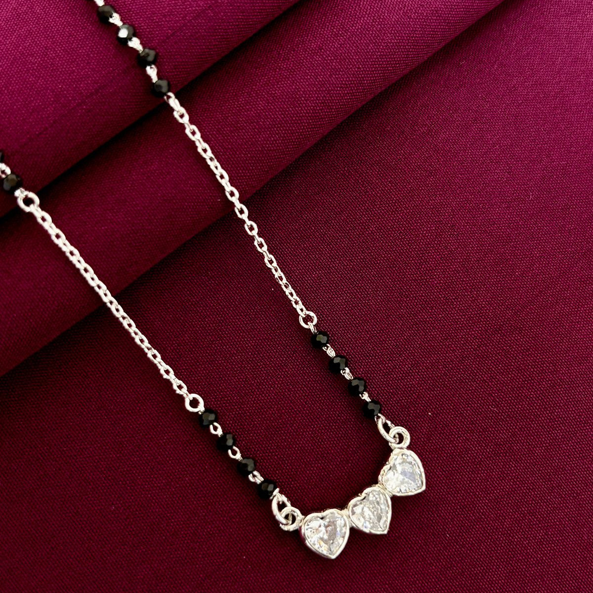 925 Sterling Silver Triple Heart Diamond Mangalsutra with Black Bead Chain