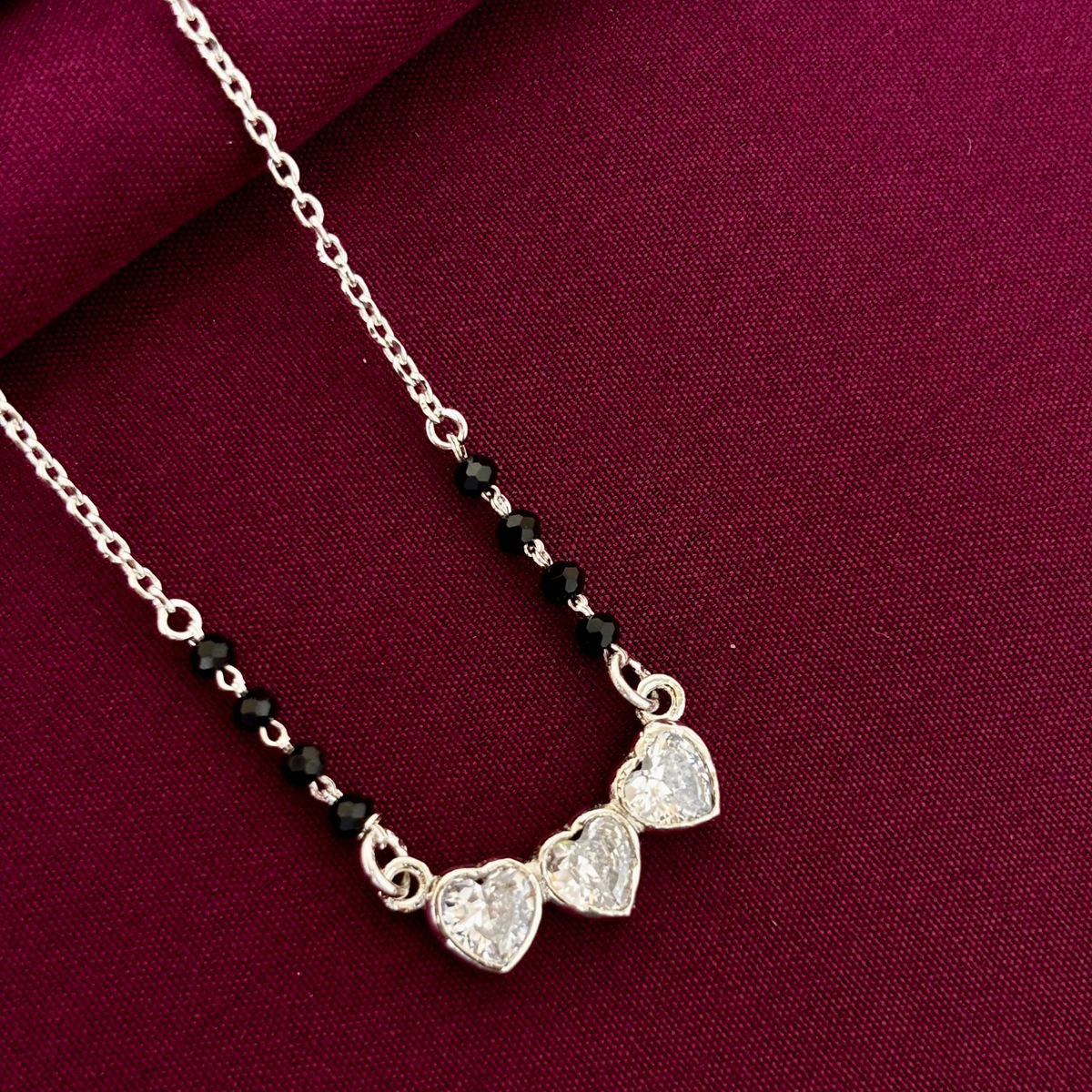 925 Sterling Silver Triple Heart Diamond Mangalsutra with Black Bead Chain