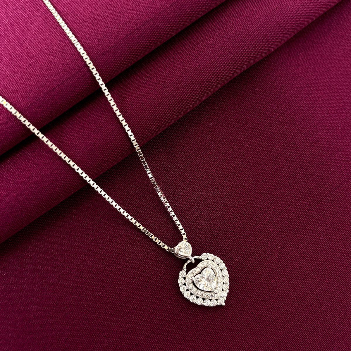 925 Sterling Silver Double Heart Diamond Pendant Necklace
