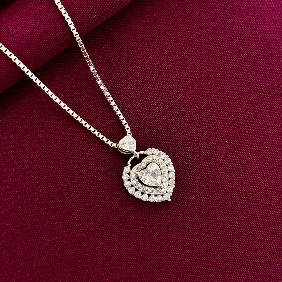 925 Sterling Silver Double Heart Diamond Pendant Necklace