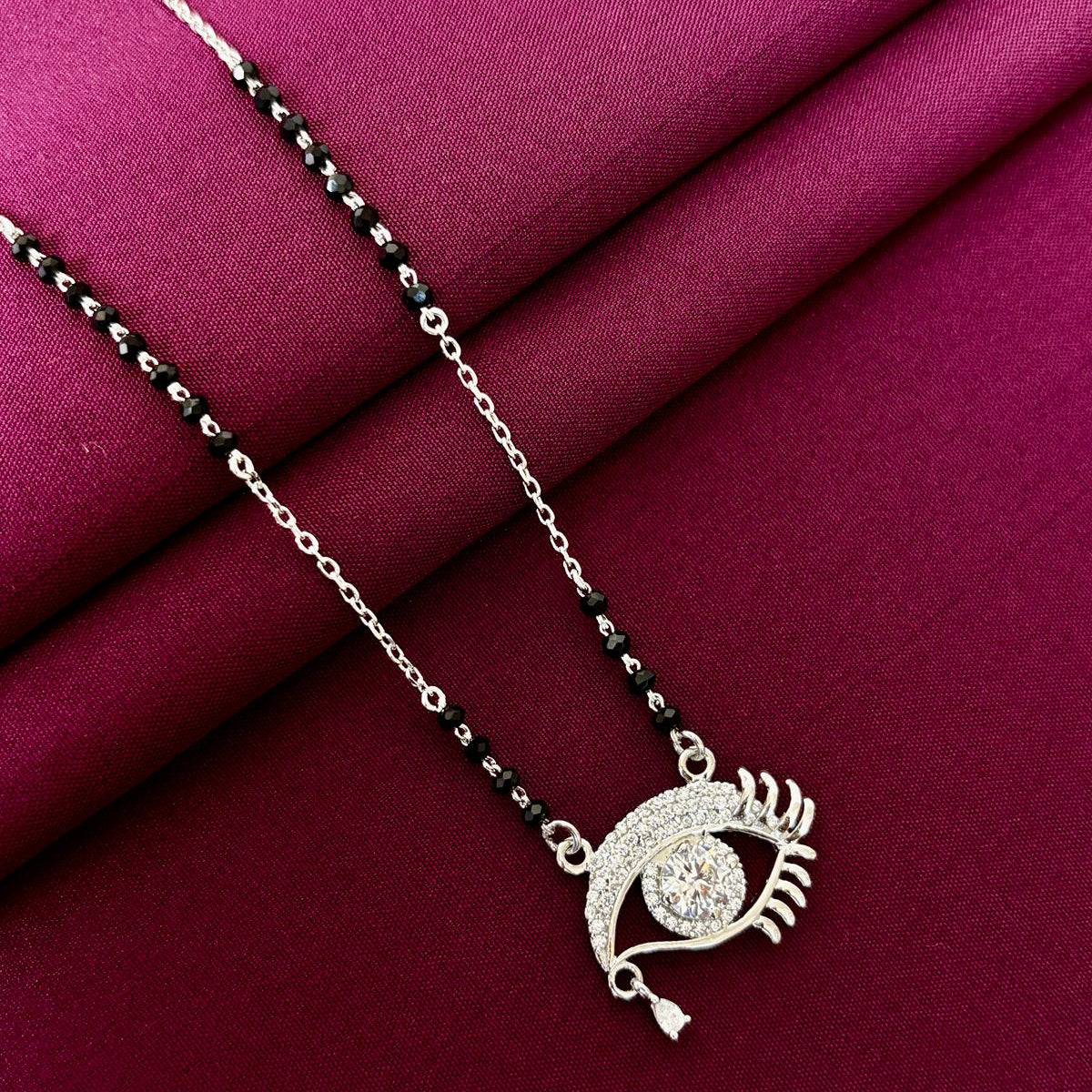 925 Sterling Silver Evil Eye Diamond Mangalsutra with Black Bead Chain