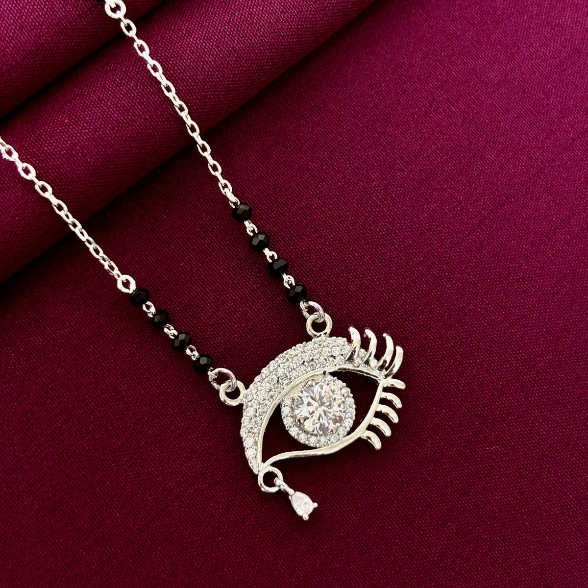 925 Sterling Silver Evil Eye Diamond Mangalsutra with Black Bead Chain