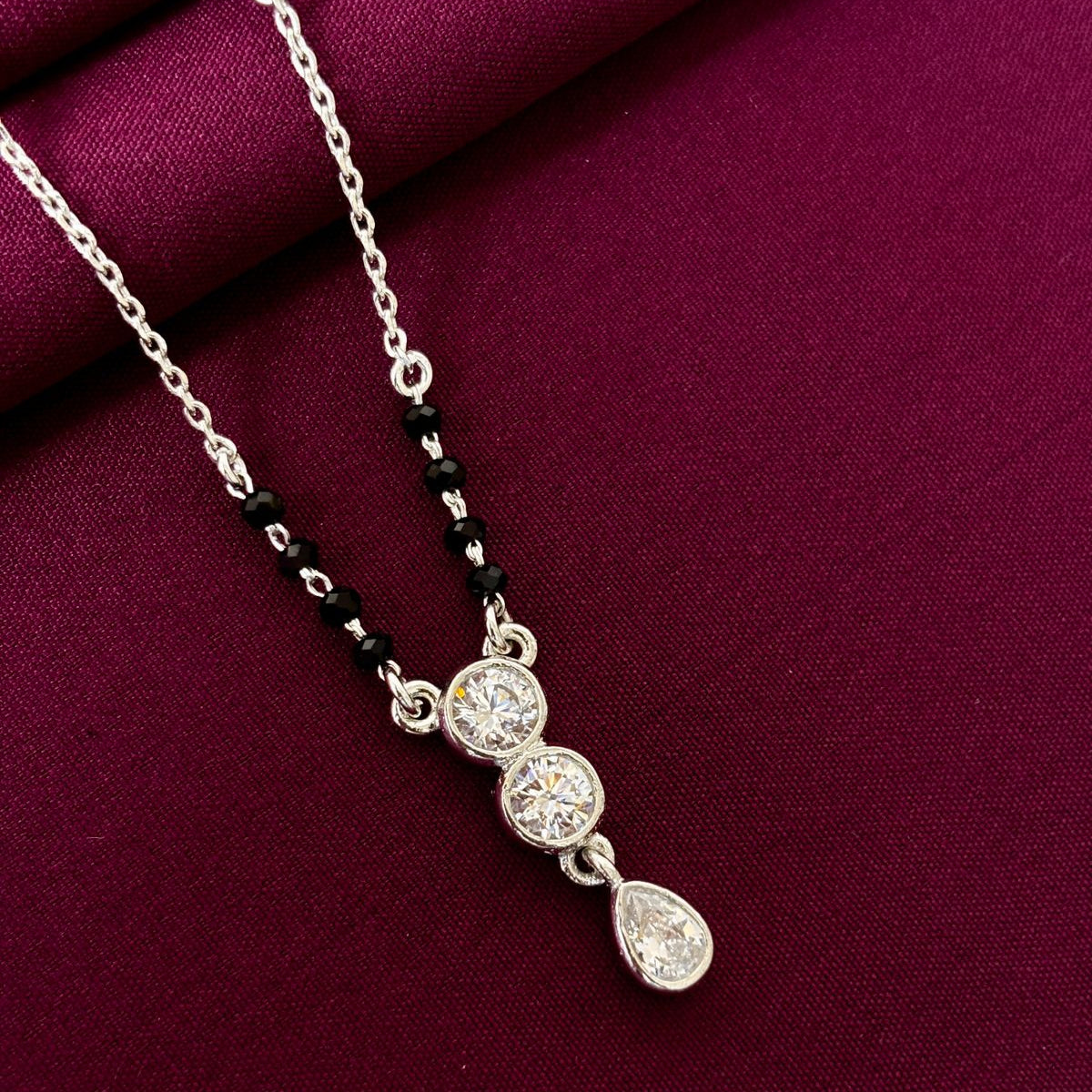 925 Sterling Silver Triple Stone Drop Mangalsutra with Black Bead Chain