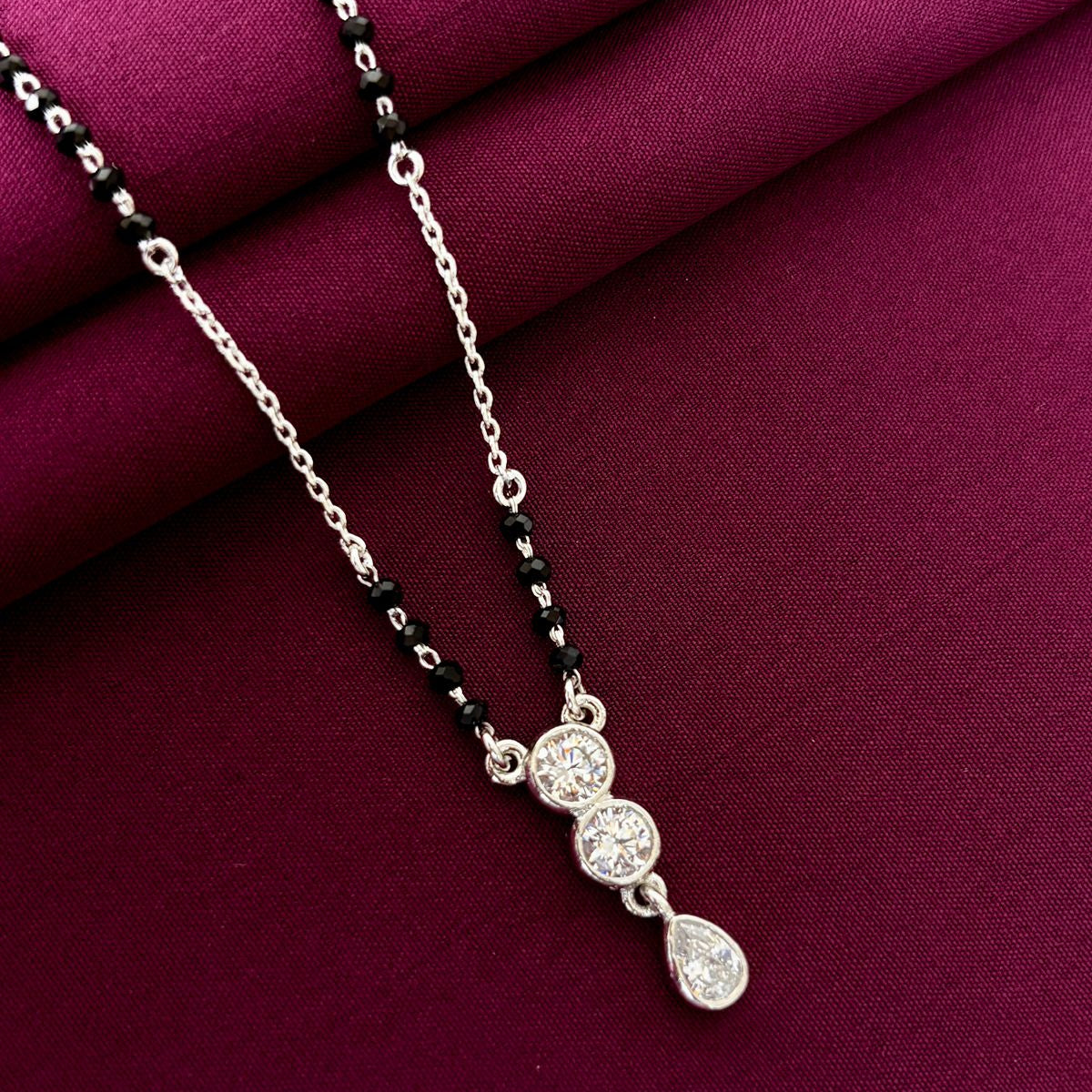925 Sterling Silver Triple Stone Drop Mangalsutra with Black Bead Chain