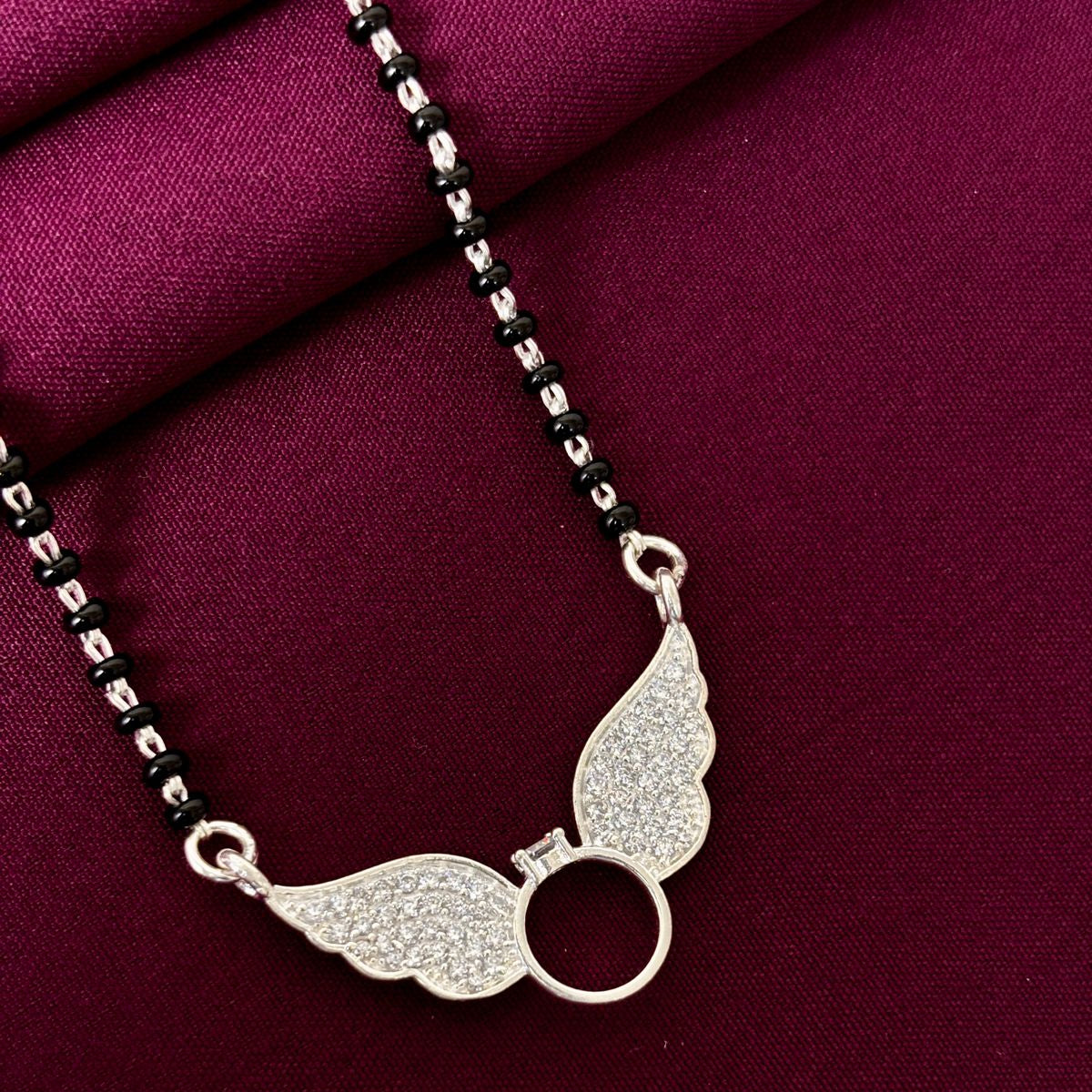 925 Sterling Silver Angel Wings Diamond Mangalsutra with Black Bead Chain