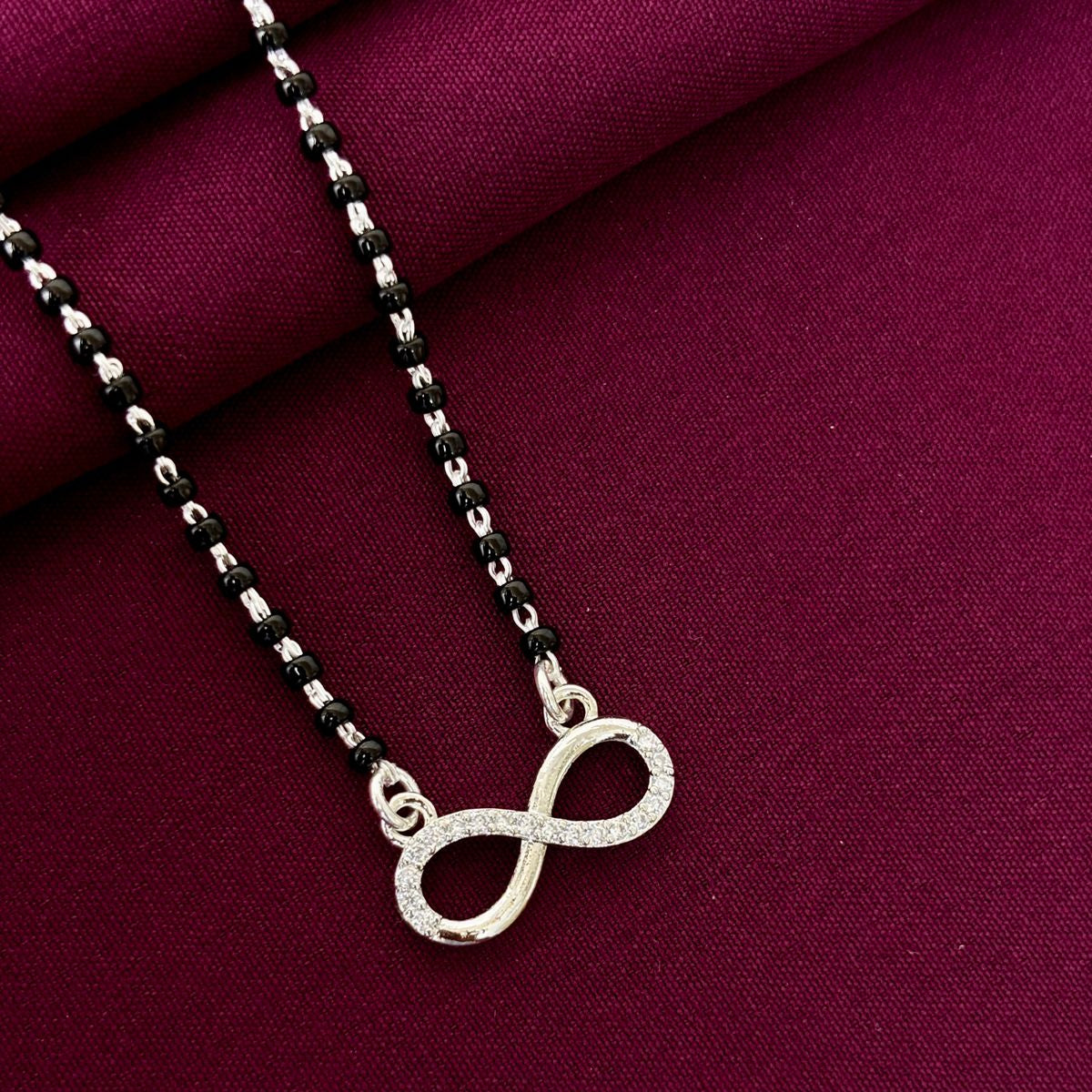 925 Sterling Silver Cz Diamond Infinity Mangalsutra with Black Bead Chain