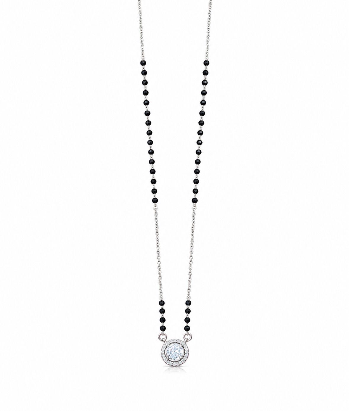 Necklace with black beads and a silver clasp on a white background
