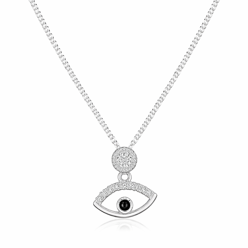 Silver necklace with an eye-shaped pendant on a white background
