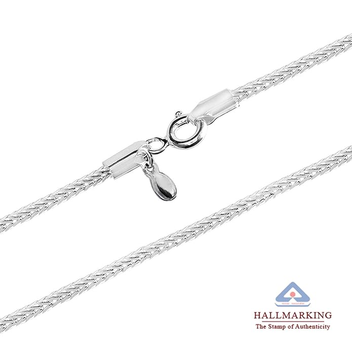 Silver chain necklace with clasp on a white background, featuring Hallmarking logo.