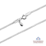 Silver chain necklace with clasp on a white background, featuring Hallmarking logo.