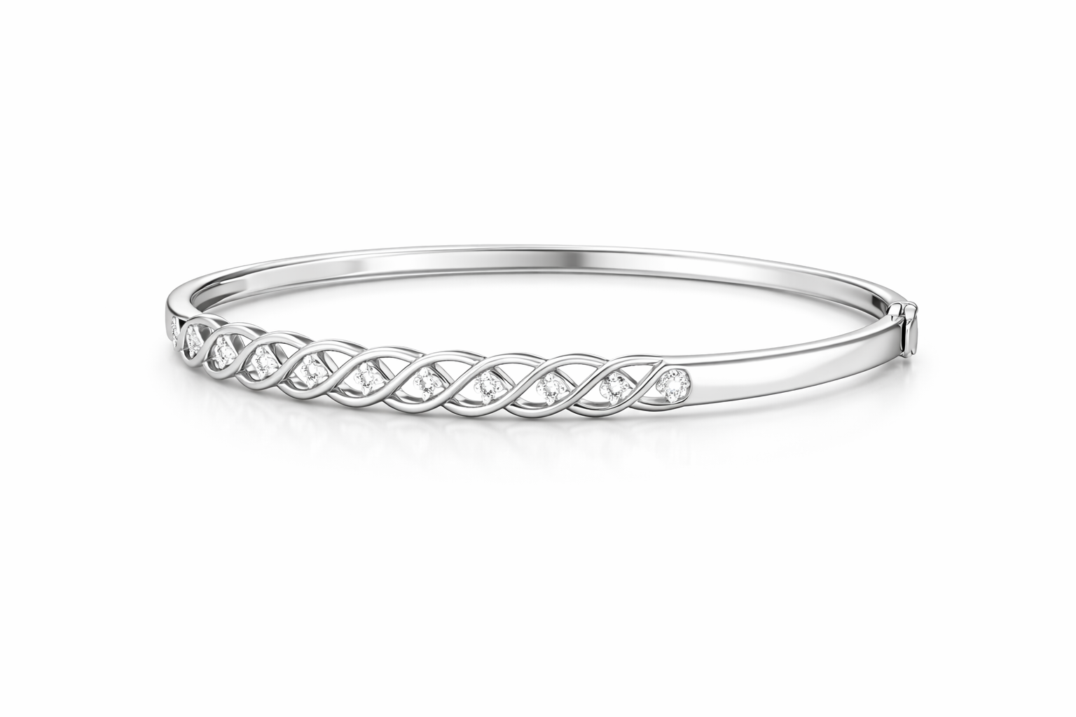 Silver bracelet with intricate design on a white background
