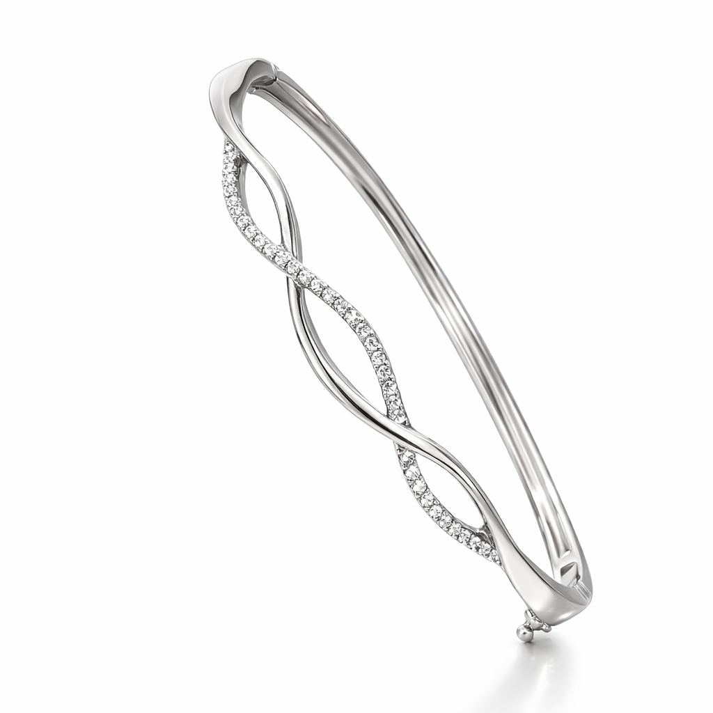 Silver bracelet with diamond accents on a white background
