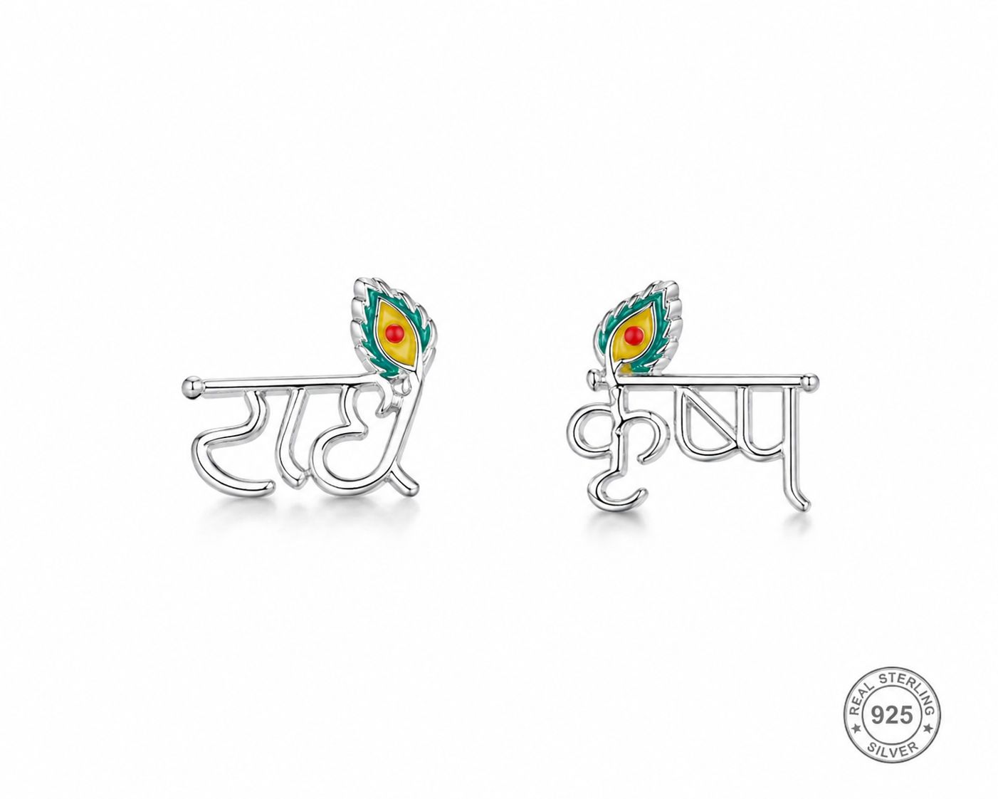 Pair of silver earrings with colorful accents on a white background