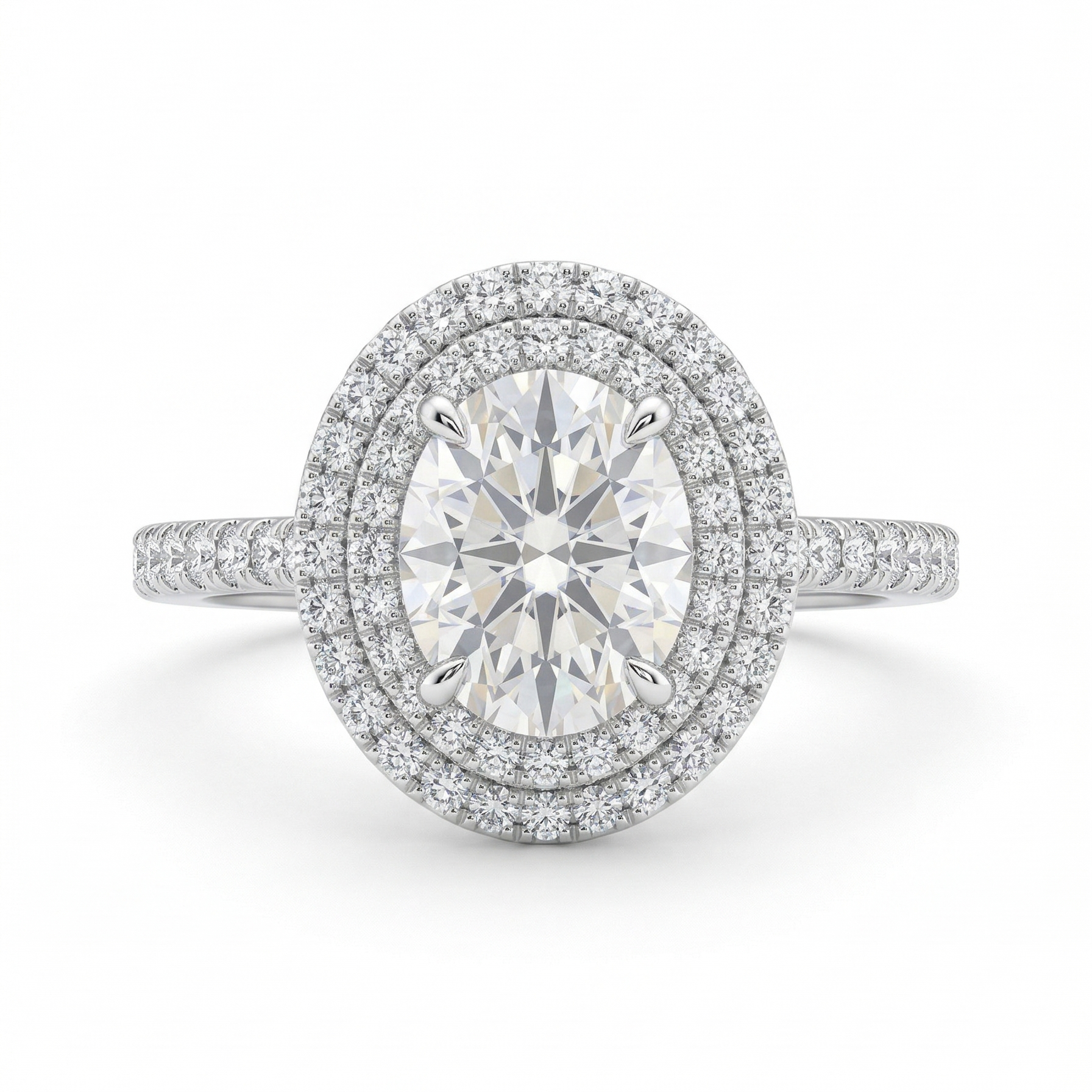 Diamond ring with a halo and smaller diamonds on a white background