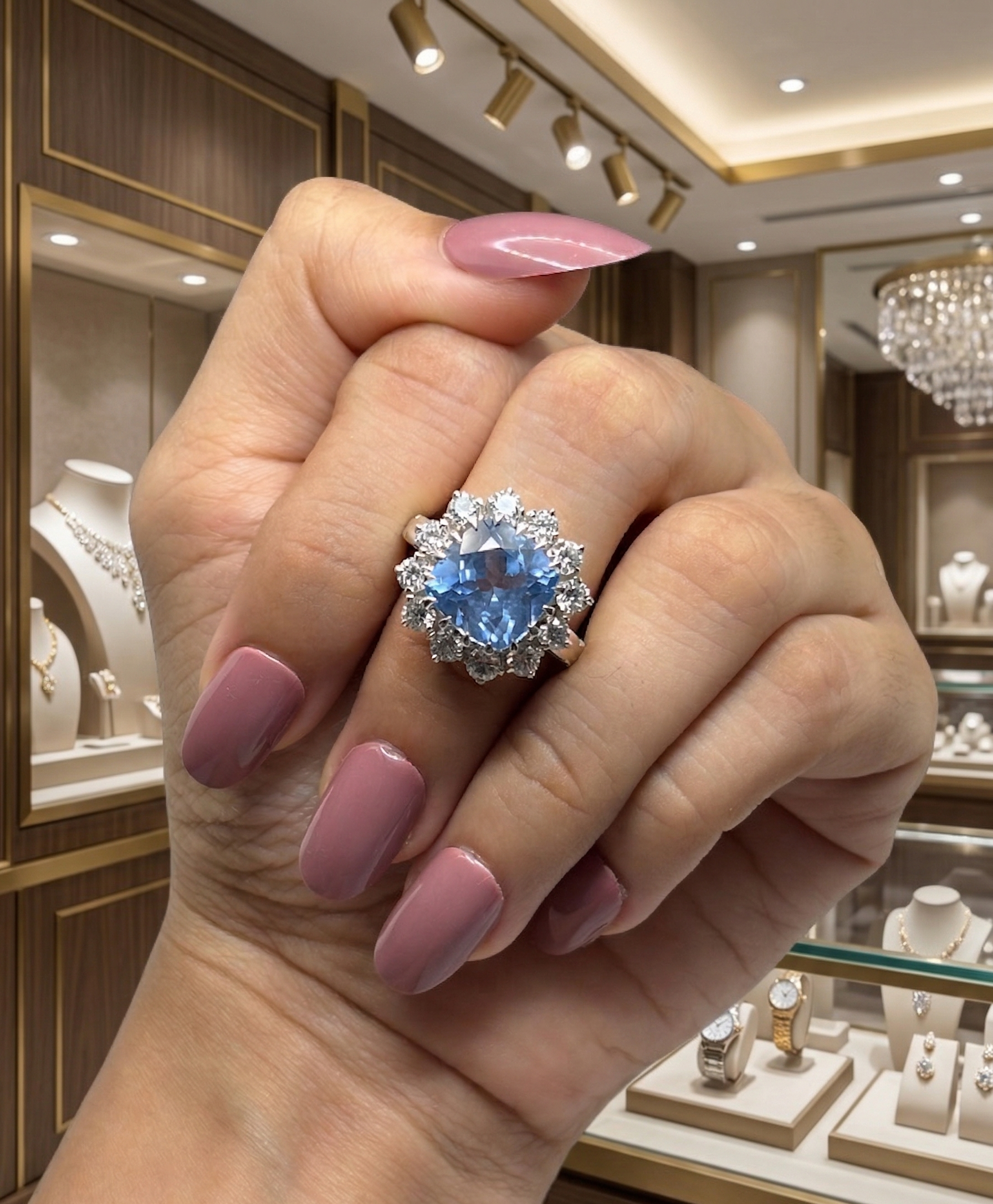 Hand wearing a blue gemstone ring with a jewelry store interior in the background