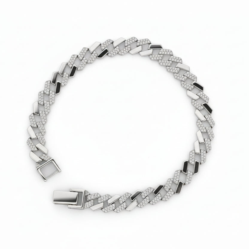 925 Sterling Silver CZ Studded Cuban Link Men’s Bracelet | Rhodium Plated Designer Silver Bracelet