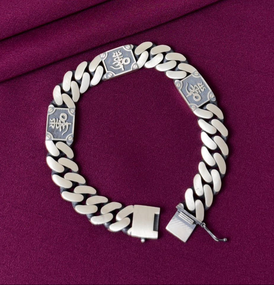 Men’s 925 Oxidized Sterling Silver Engraved Curb Chain Bracelet – Heavy Spiritual Statement Bracelet