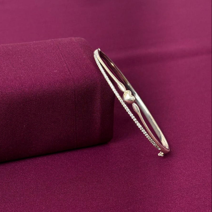 Elegant Heart Design American Diamond Women Kada in 925 Silver | Openable Silver Bracelet for Women