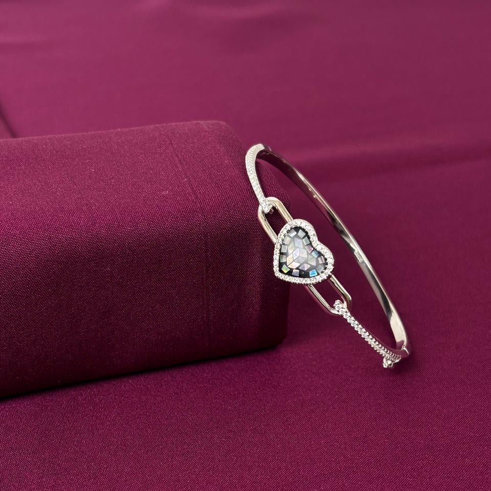 Luxury Heart Crystal American Diamond Women Kada in 925 Silver | Elegant Openable Bracelet