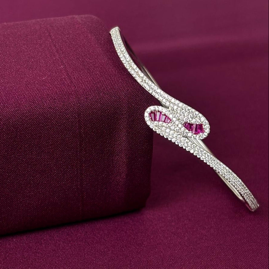 Pink Stone Crossover American Diamond Women Kada in 925 Silver | Designer Statement Bracelet