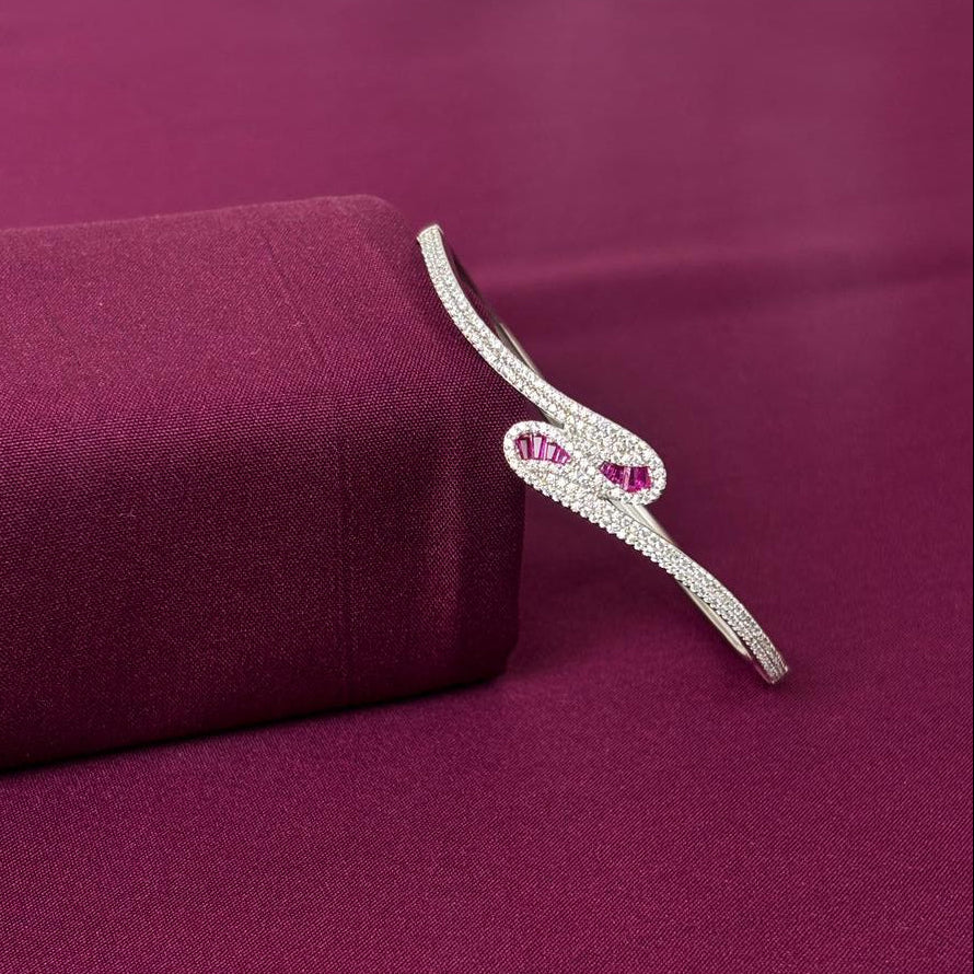Pink Stone Crossover American Diamond Women Kada in 925 Silver | Designer Statement Bracelet