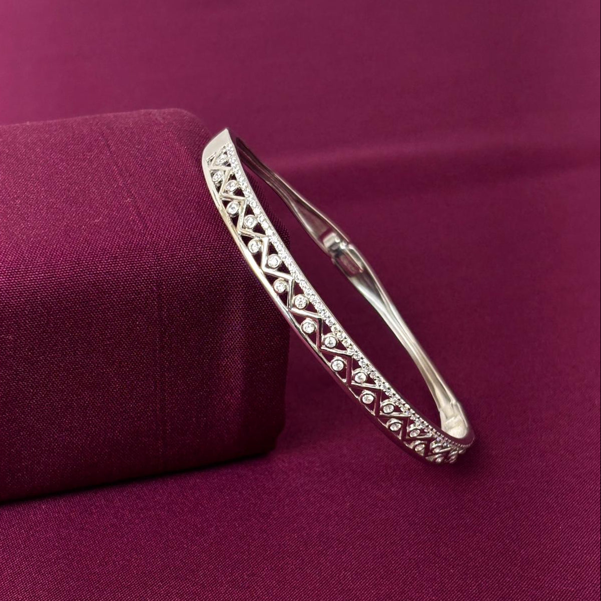 Geometric Lattice American Diamond Women Kada in 925 Silver | Elegant Openable Bracelet