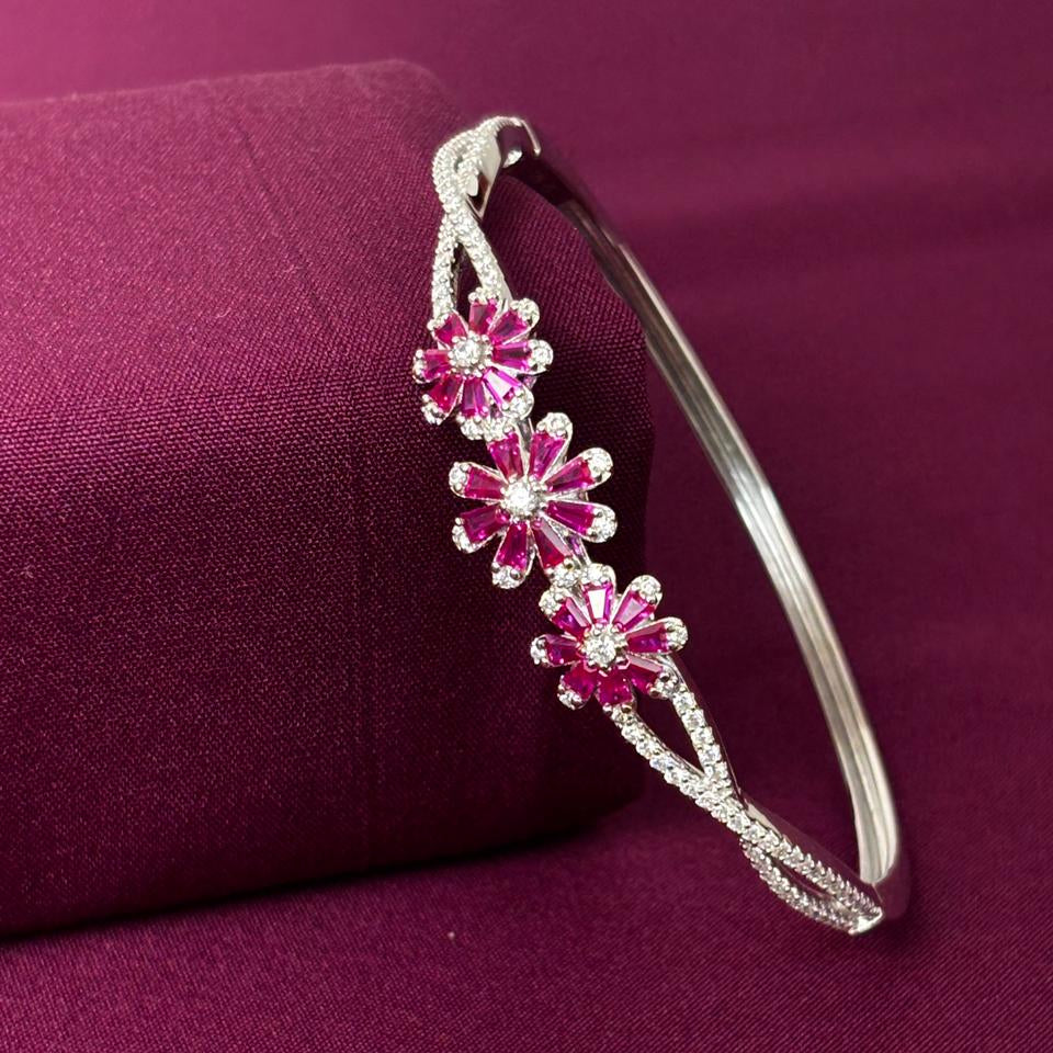 Pink Floral American Diamond Women Kada in 925 Silver | Elegant Designer Bracelet