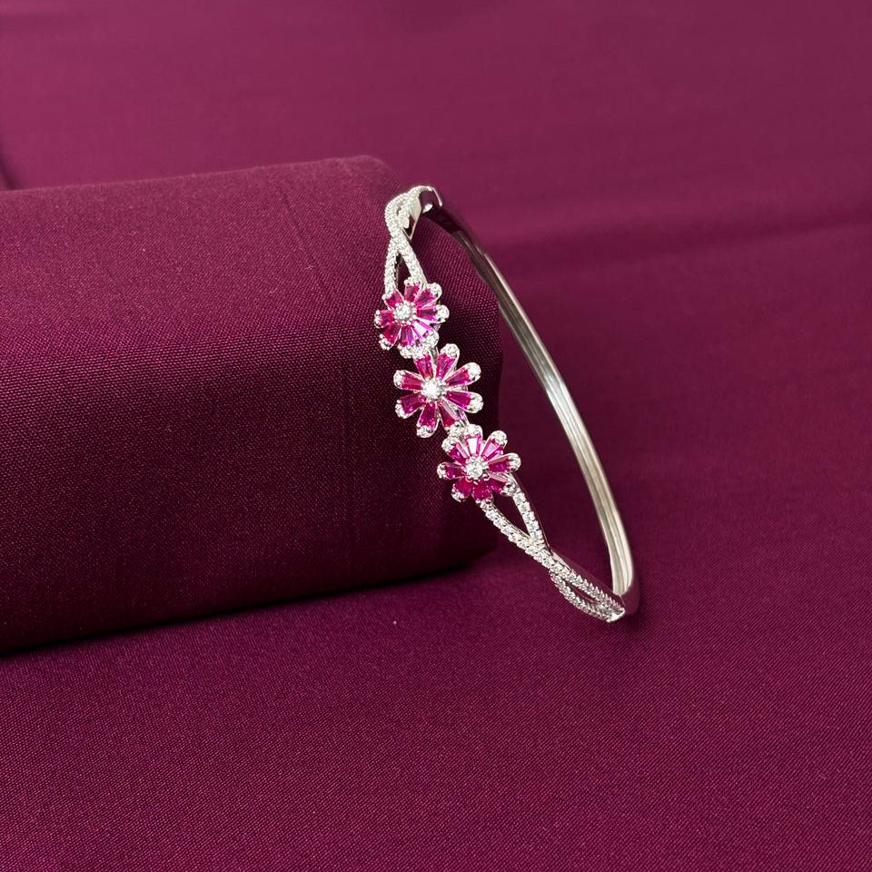 Pink Floral American Diamond Women Kada in 925 Silver | Elegant Designer Bracelet