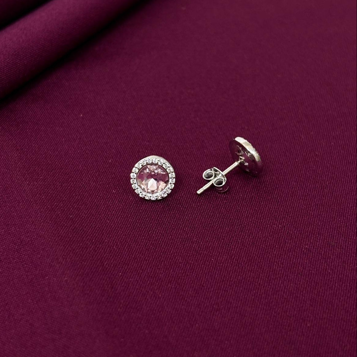 Blush Pink Round Halo Stud Earrings in 925 Sterling Silver