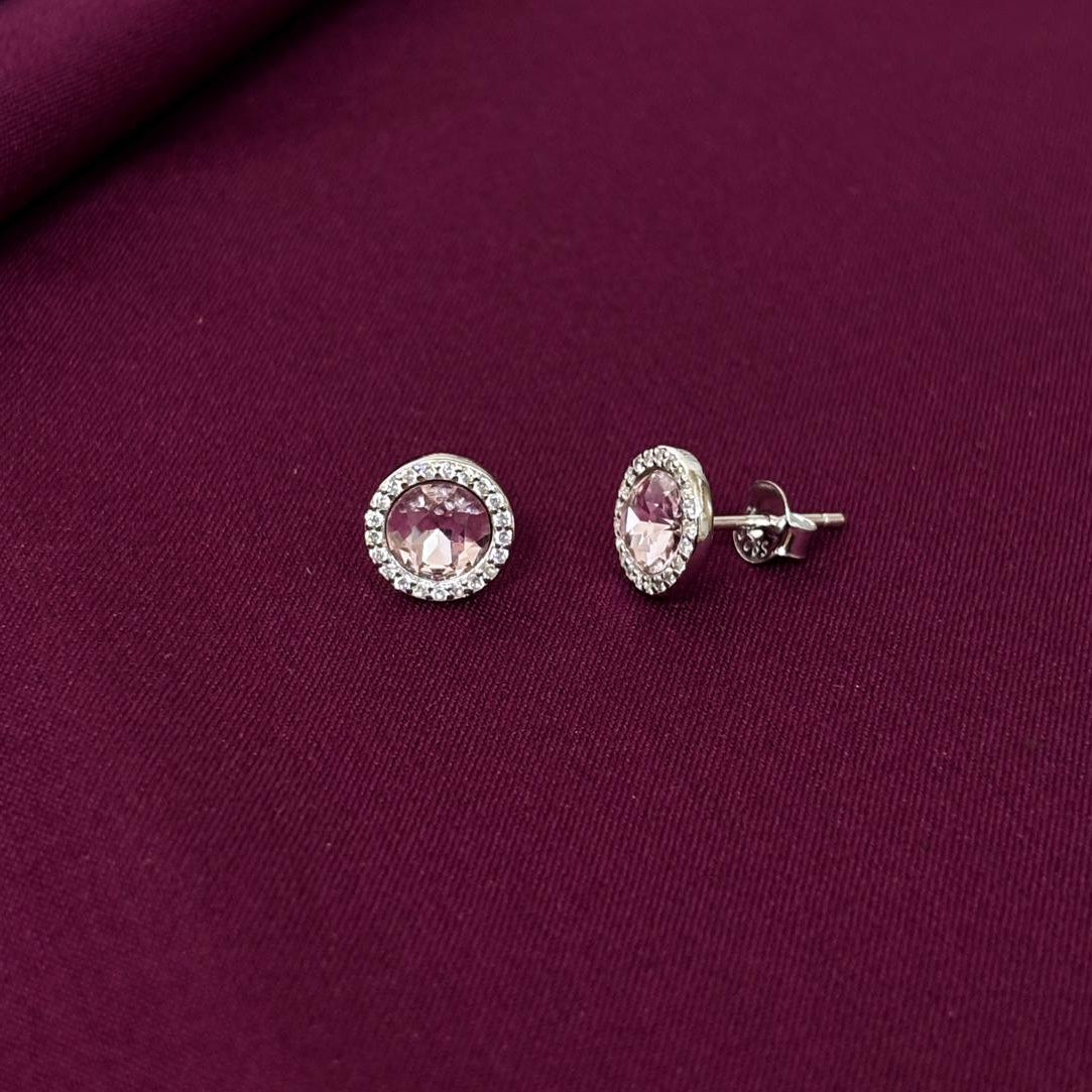 Blush Pink Round Halo Stud Earrings in 925 Sterling Silver