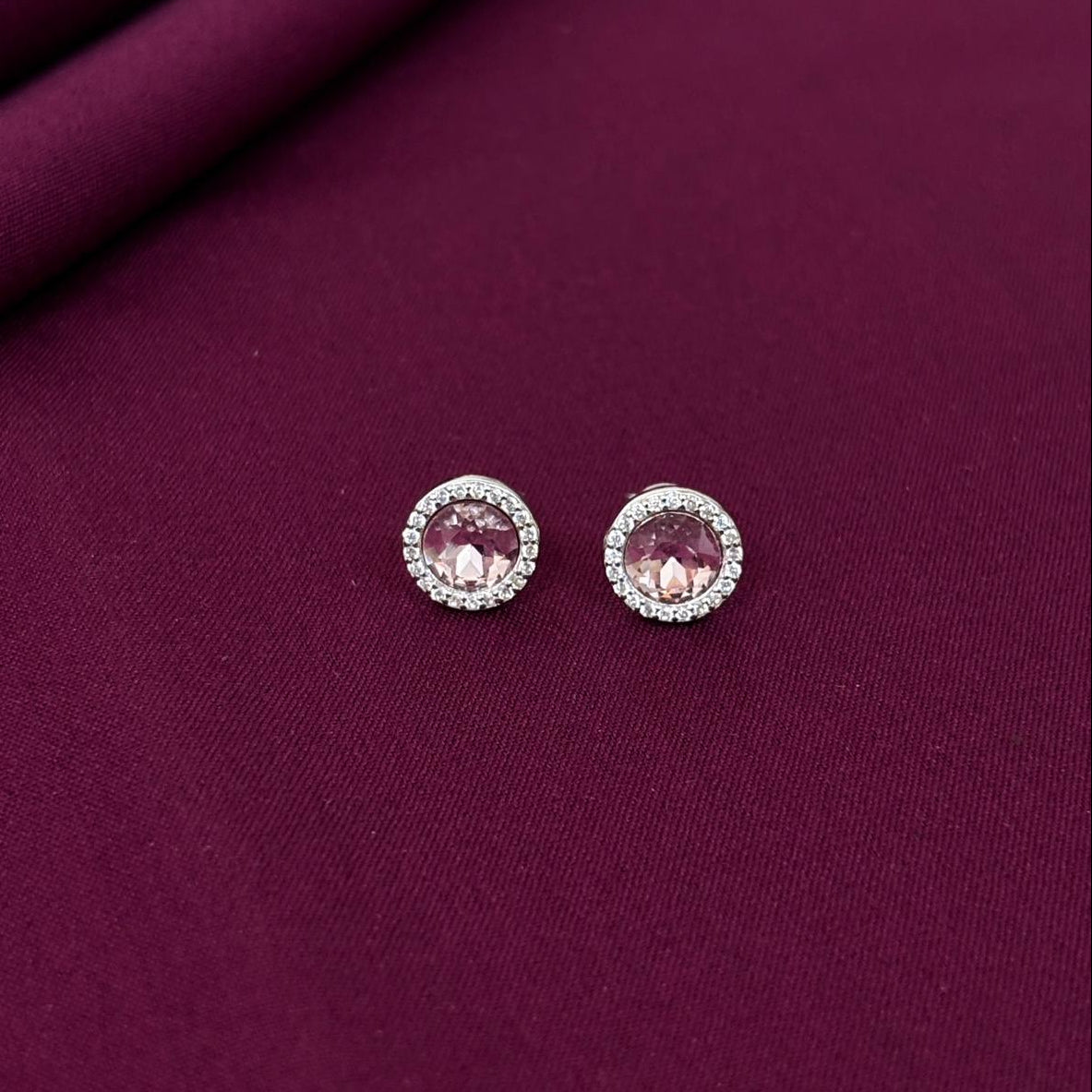 Blush Pink Round Halo Stud Earrings in 925 Sterling Silver