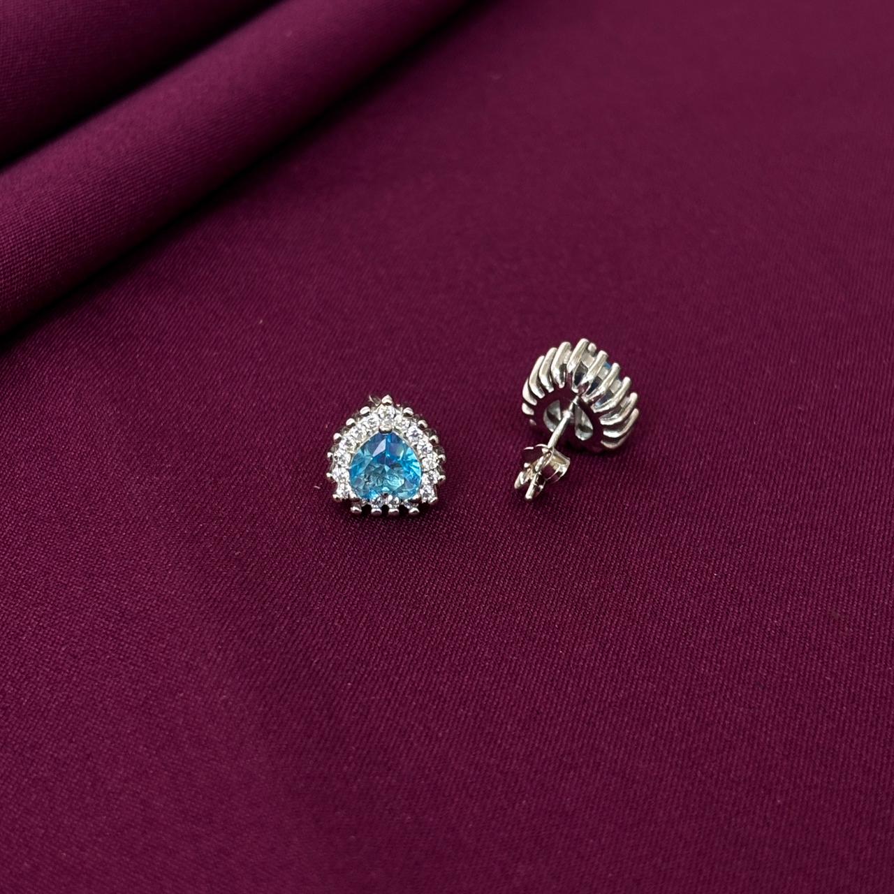 Triangle Blue Gemstone Halo Stud Earrings in 925 Sterling Silver